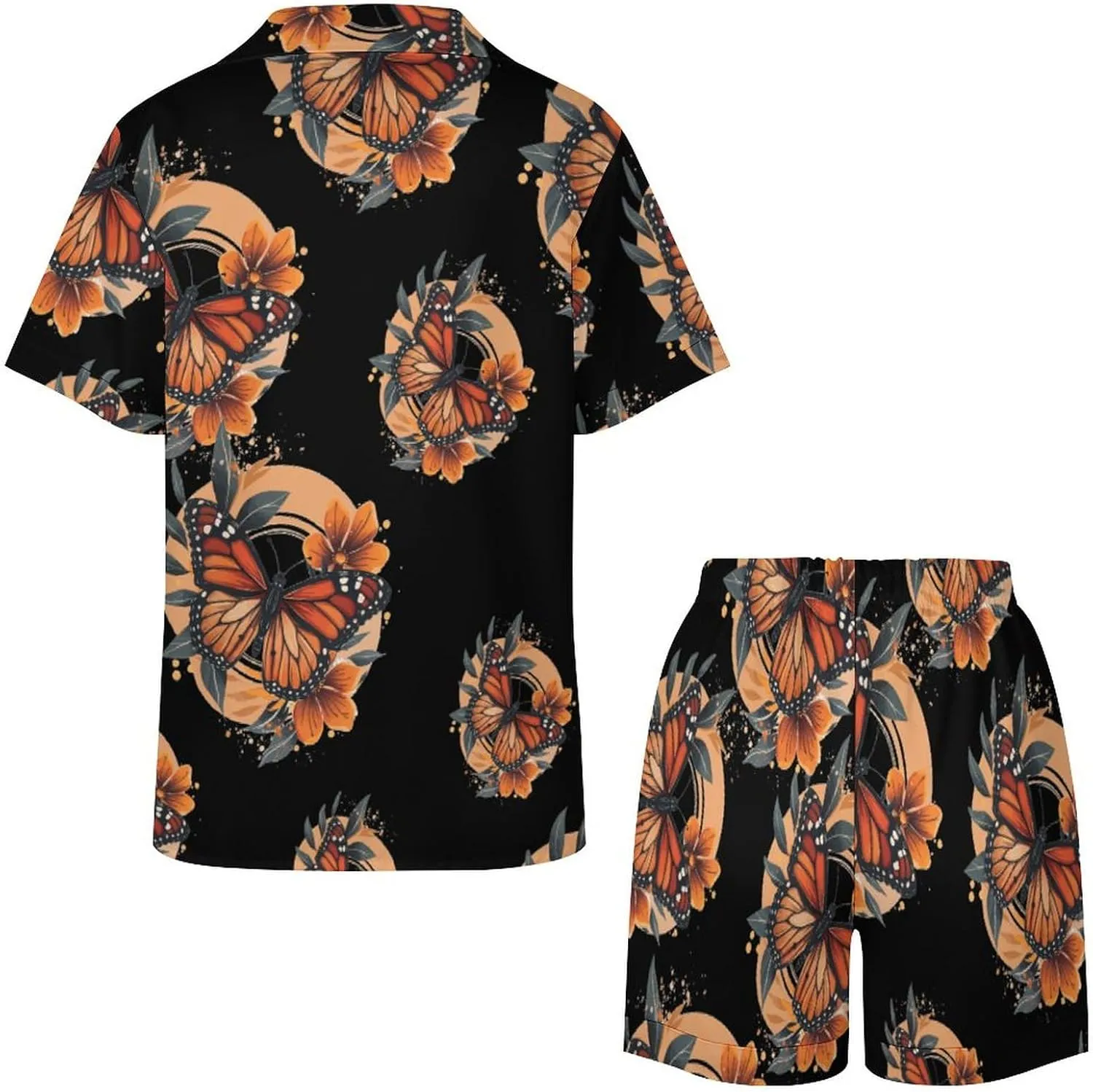 Flower Butterfly Women's Satin Pajama Set Short Sleeve Button Down Sleepwear Loungewear Pj Set