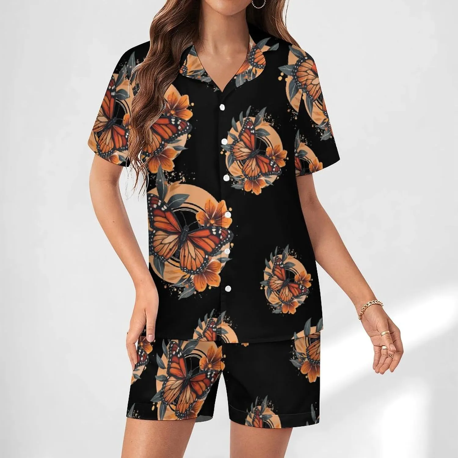 Flower Butterfly Women's Satin Pajama Set Short Sleeve Button Down Sleepwear Loungewear Pj Set