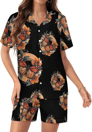Flower Butterfly Women's Satin Pajama Set Short Sleeve Button Down Sleepwear Loungewear Pj Set