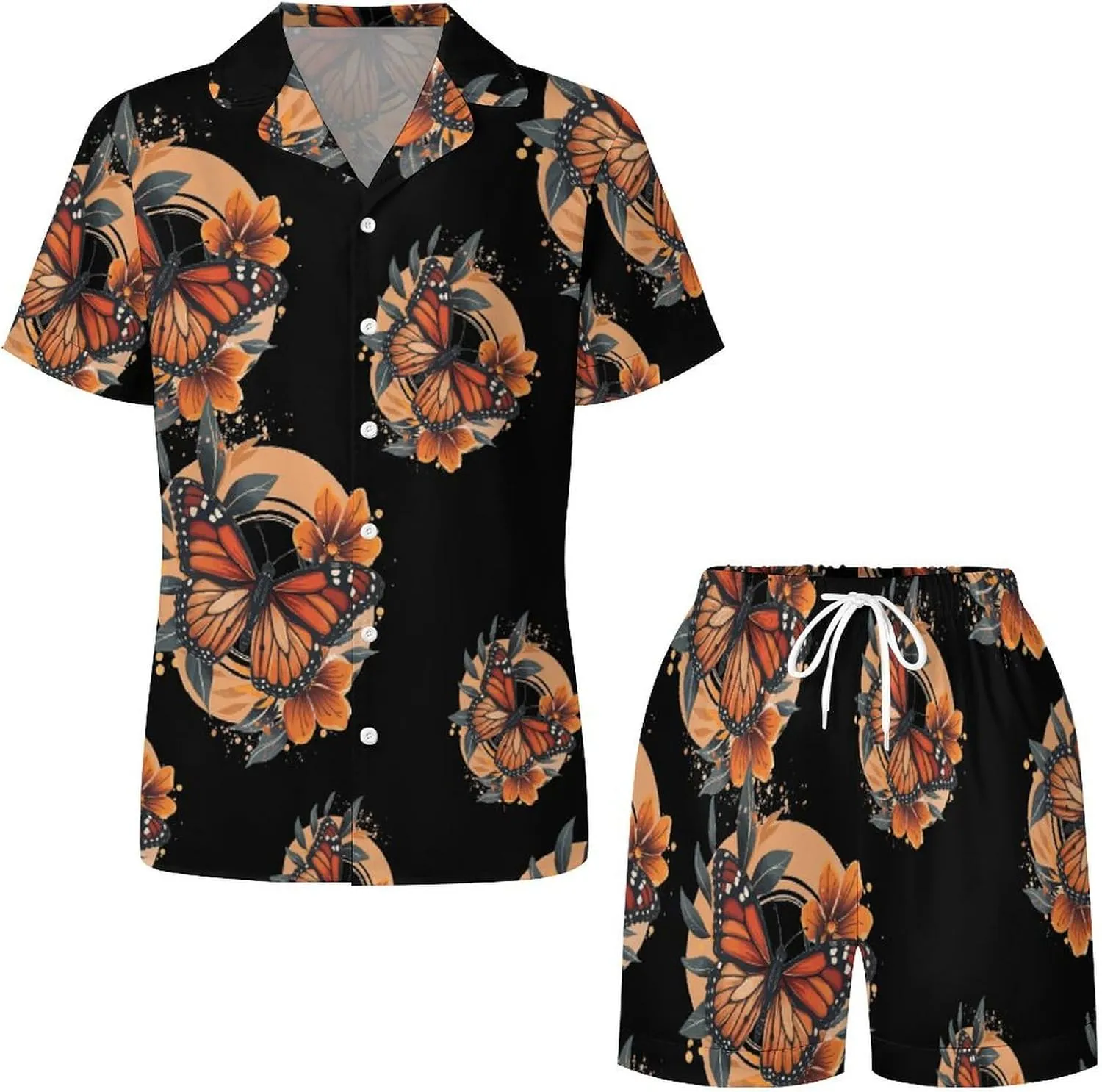 Flower Butterfly Women's Satin Pajama Set Short Sleeve Button Down Sleepwear Loungewear Pj Set