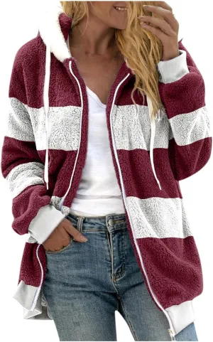 Fluffy Jackets For Women Cute Color Block Loose Soft Zip Up Sherpa Coat Warm Winter Fuzzy Fleece Hooded Jacket Outwear