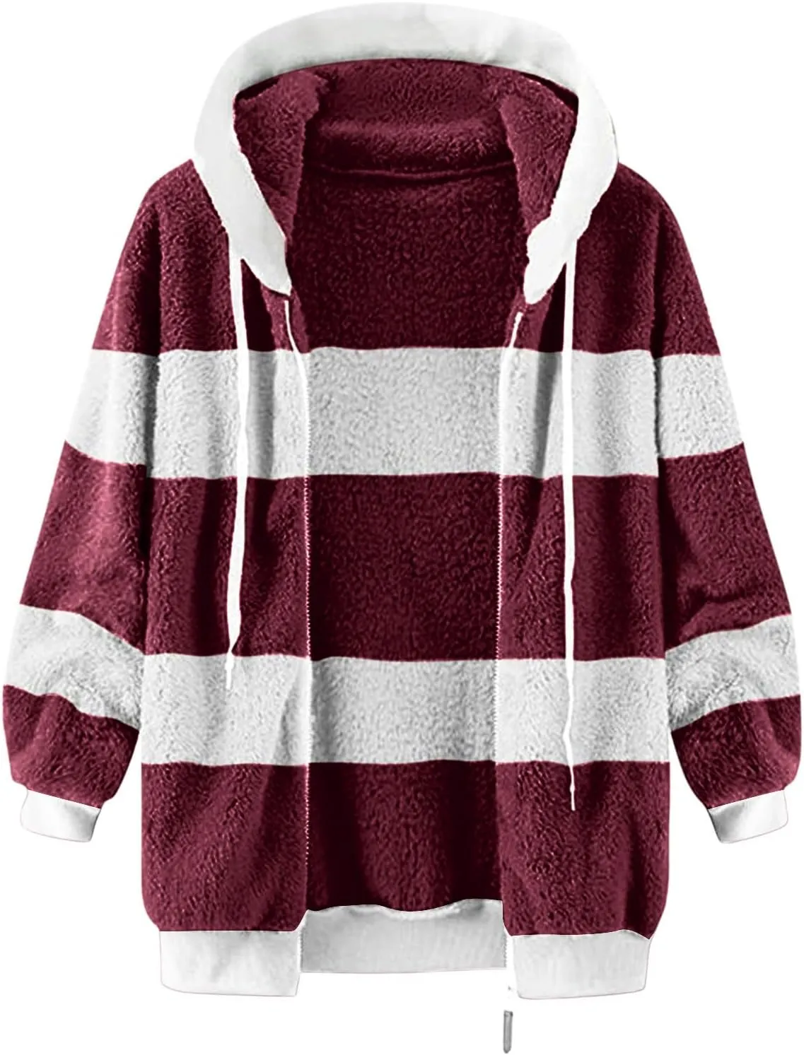 Fluffy Jackets For Women Cute Color Block Loose Soft Zip Up Sherpa Coat Warm Winter Fuzzy Fleece Hooded Jacket Outwear