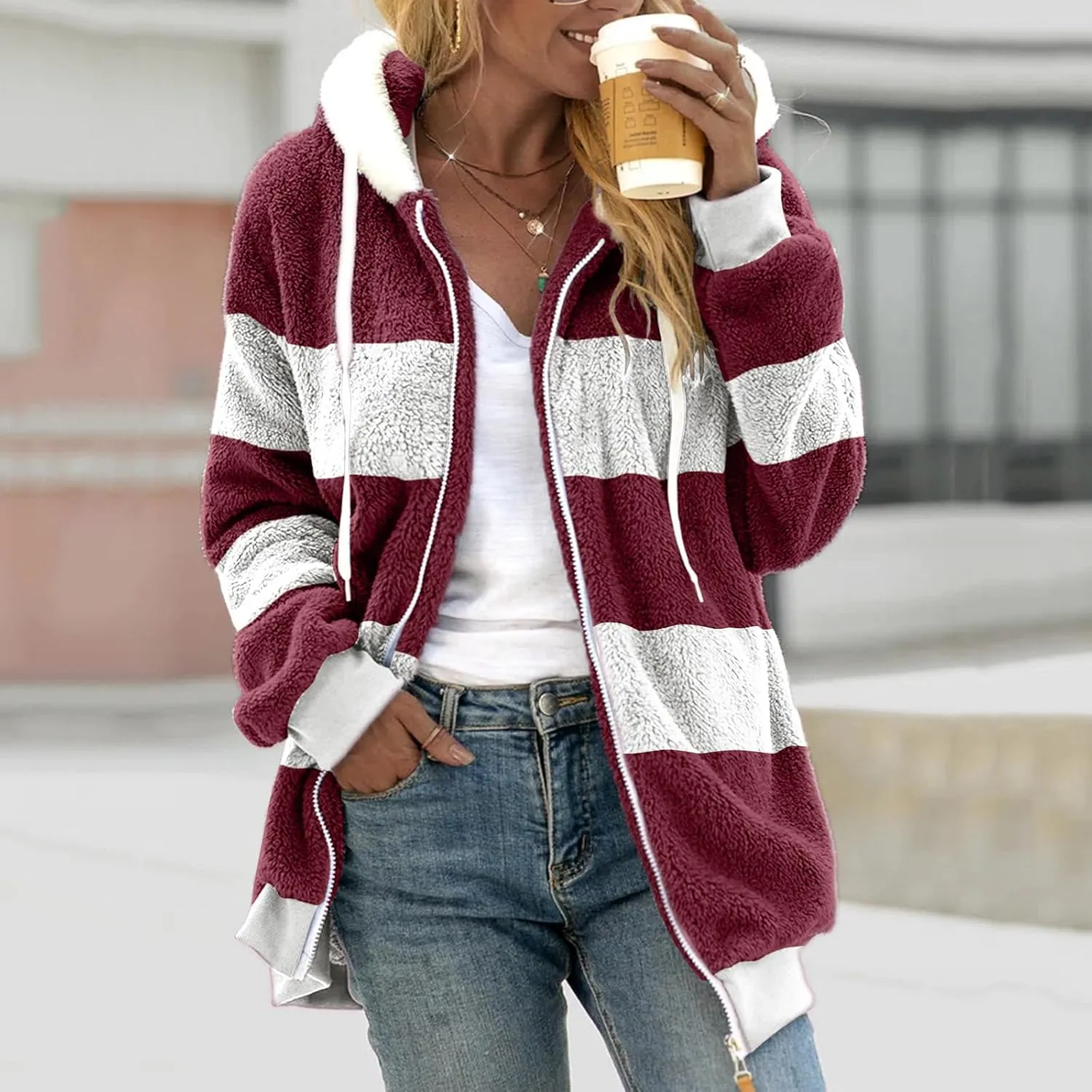 Fluffy Jackets For Women Cute Color Block Loose Soft Zip Up Sherpa Coat Warm Winter Fuzzy Fleece Hooded Jacket Outwear
