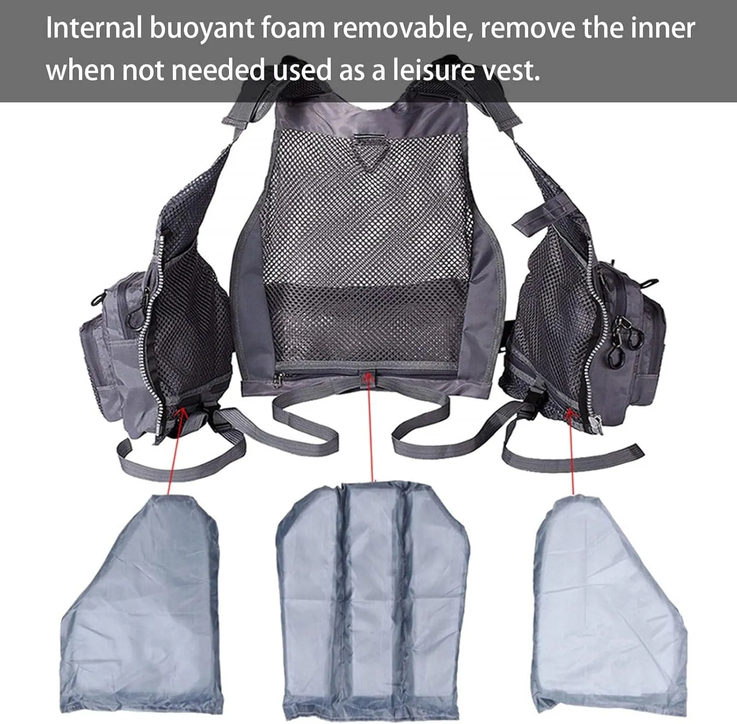 Fly Fishing Vest, Removable Mountain Climbing Fishing Vest for Adults, Adjustable Safety Buoyancy Jacket with Pockets, One Size