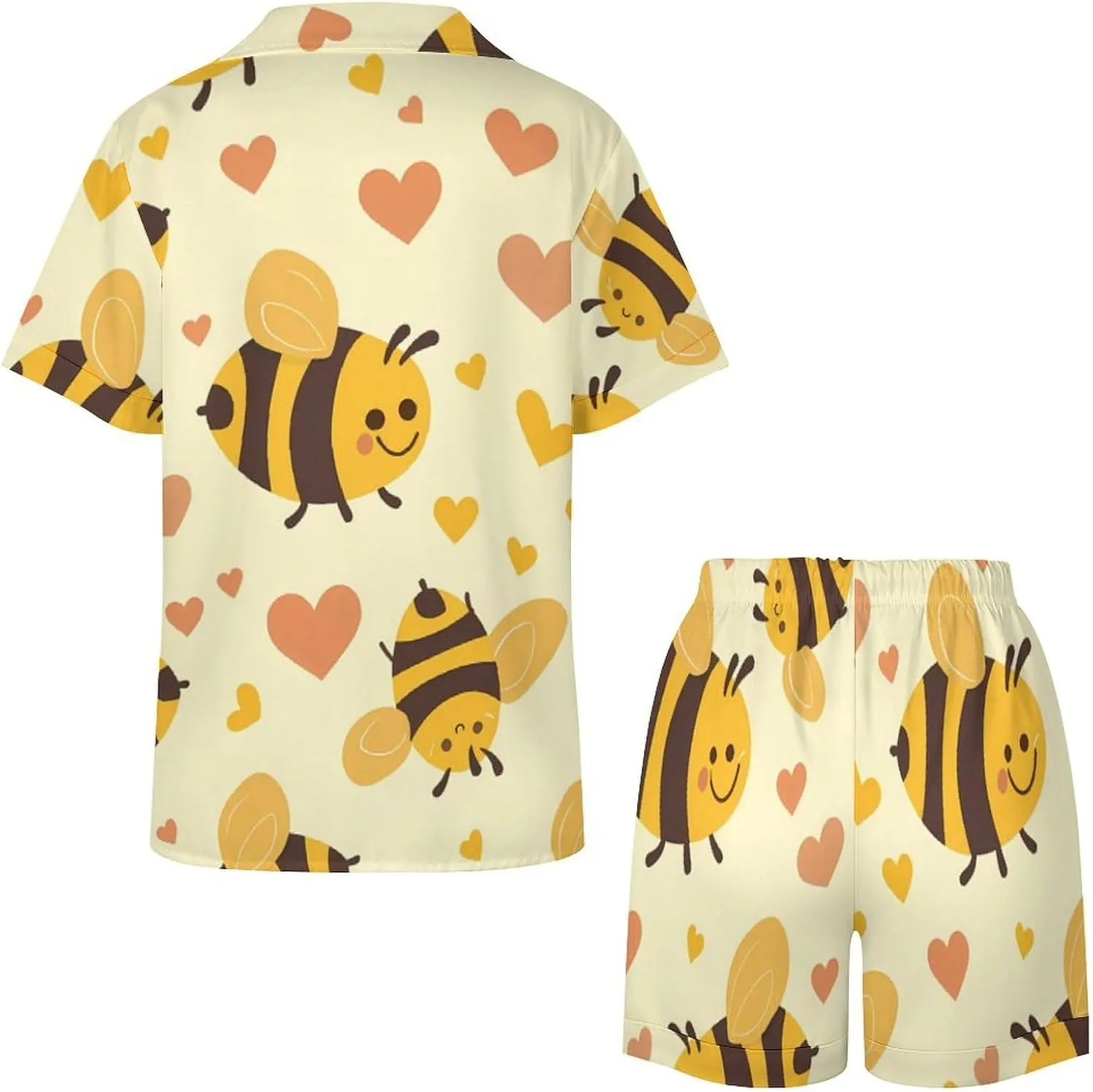 Flying Yellow Bees Hearts Women's Satin Pajama Set Short Sleeve Button Down Sleepwear Loungewear Pj Set