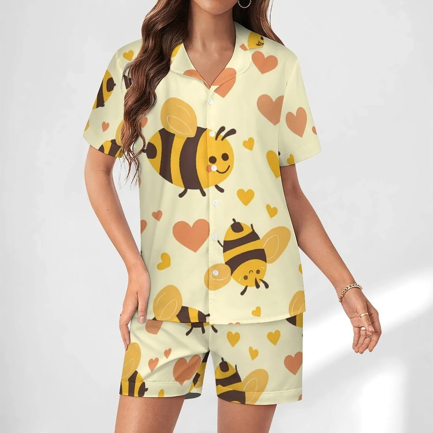 Flying Yellow Bees Hearts Women's Satin Pajama Set Short Sleeve Button Down Sleepwear Loungewear Pj Set