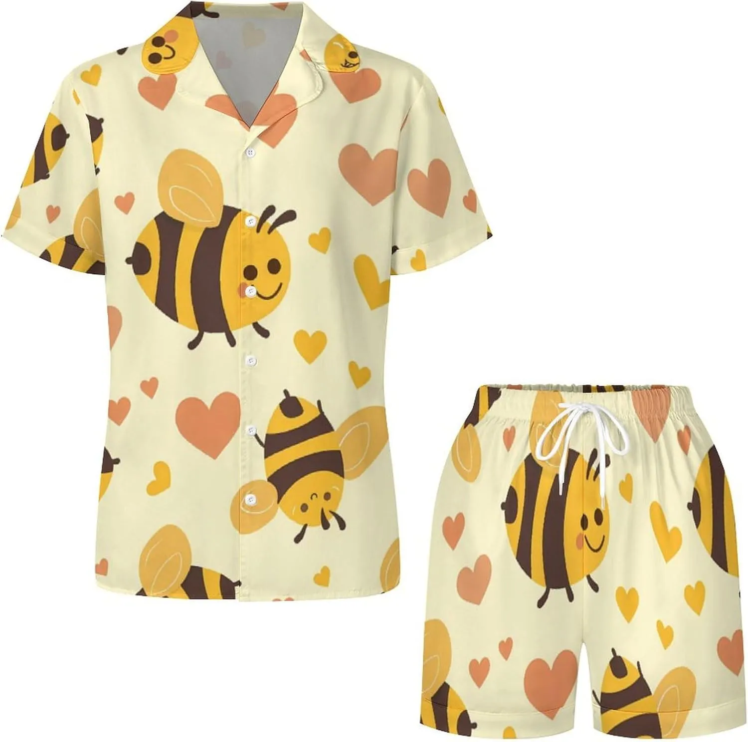 Flying Yellow Bees Hearts Women's Satin Pajama Set Short Sleeve Button Down Sleepwear Loungewear Pj Set