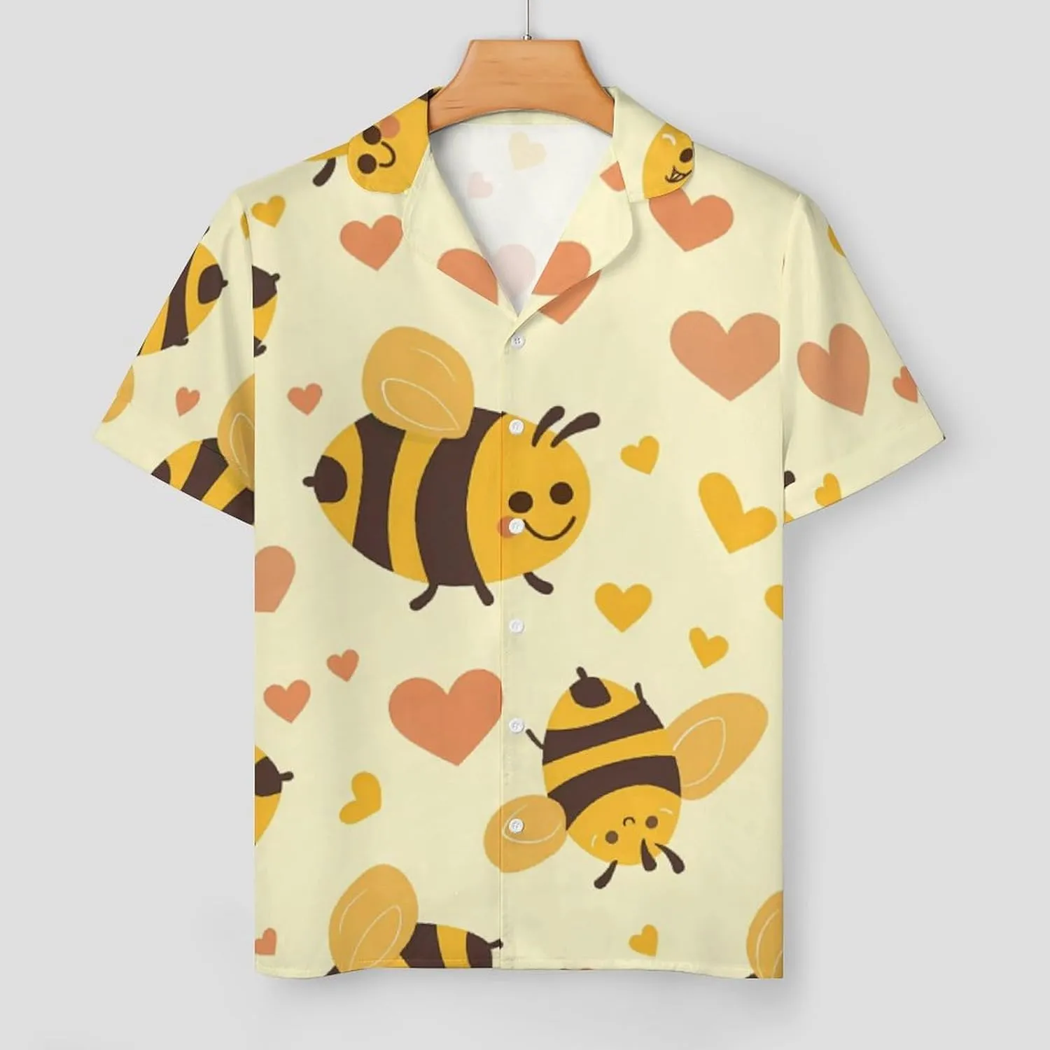 Flying Yellow Bees Hearts Women's Satin Pajama Set Short Sleeve Button Down Sleepwear Loungewear Pj Set