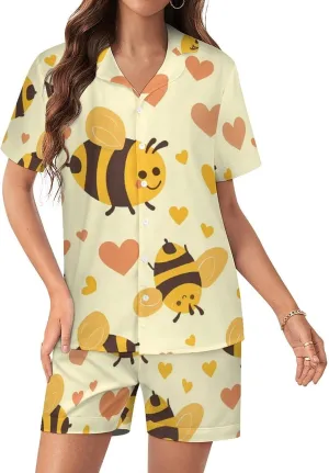 Flying Yellow Bees Hearts Women's Satin Pajama Set Short Sleeve Button Down Sleepwear Loungewear Pj Set