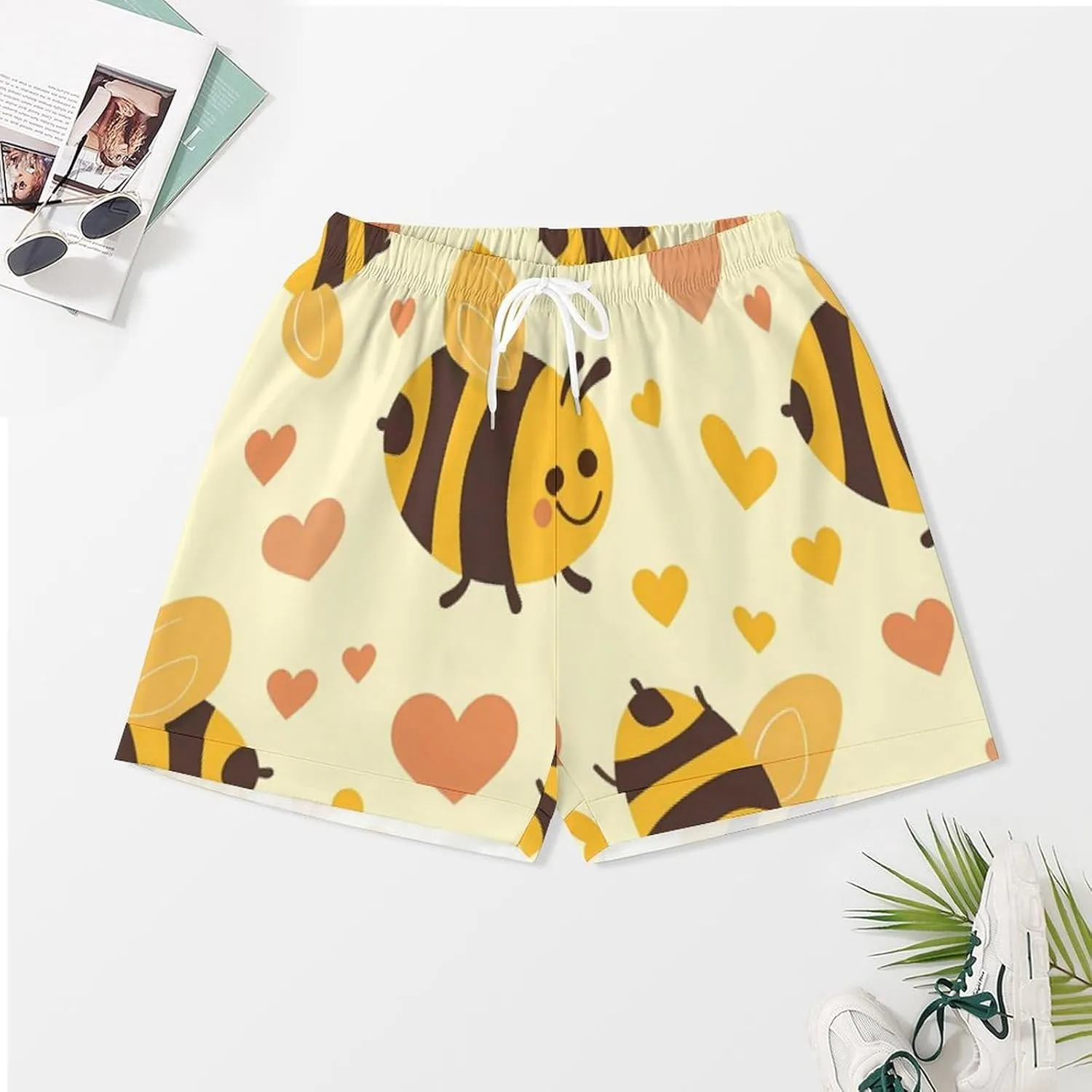 Flying Yellow Bees Hearts Women's Satin Pajama Set Short Sleeve Button Down Sleepwear Loungewear Pj Set