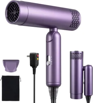 Foldable Hair Dryer, Fast Drying Ionic Blow Dryer, Travel Hair Blow Dryer with Removable Nozzle and Storage Bag, Lightweight Portable Hairdryer for Women, Purple