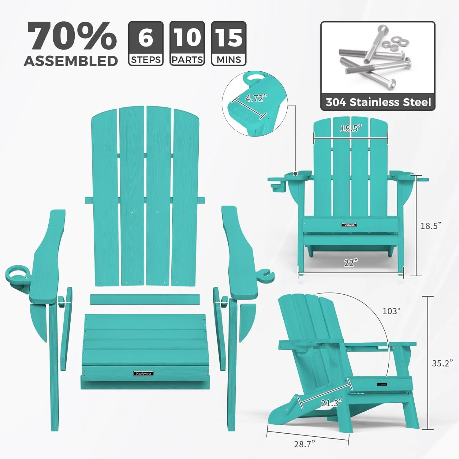 Folding Adirondack Chair with Wood Texture, HDPE All-Weather Fire Pit Chairs, Plastic Adirondack Chairs with 2 Cup Holder, Outdoor Lawn Chair for Patio Garden (Lake Blue)