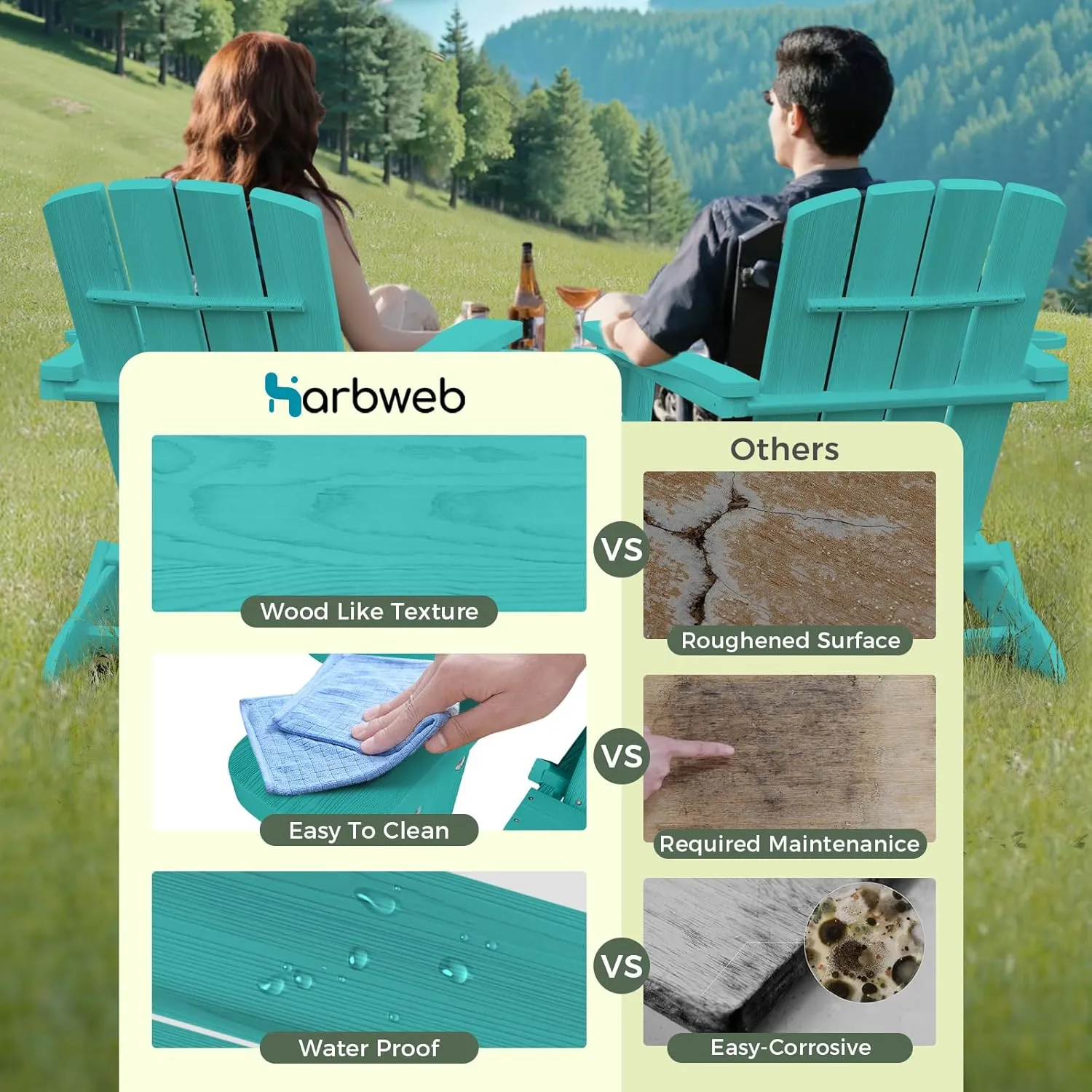 Folding Adirondack Chair with Wood Texture, HDPE All-Weather Fire Pit Chairs, Plastic Adirondack Chairs with 2 Cup Holder, Outdoor Lawn Chair for Patio Garden (Lake Blue)