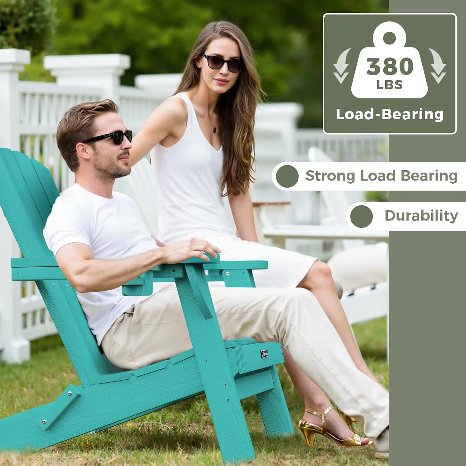 Folding Adirondack Chair with Wood Texture, HDPE All-Weather Fire Pit Chairs, Plastic Adirondack Chairs with 2 Cup Holder, Outdoor Lawn Chair for Patio Garden (Lake Blue)