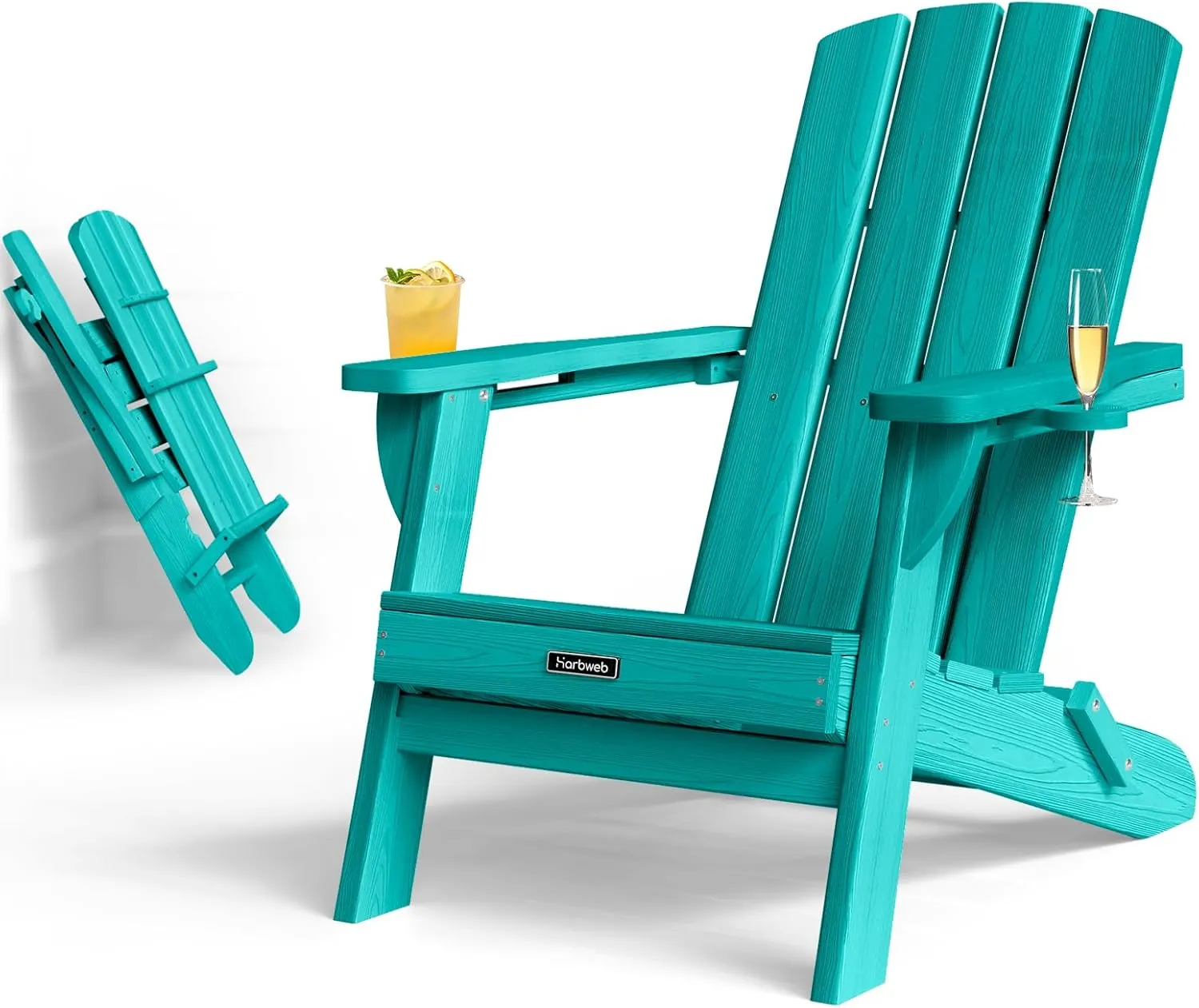 Folding Adirondack Chair with Wood Texture, HDPE All-Weather Fire Pit Chairs, Plastic Adirondack Chairs with 2 Cup Holder, Outdoor Lawn Chair for Patio Garden (Lake Blue)