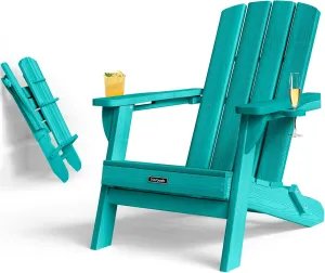 Folding Adirondack Chair with Wood Texture, HDPE All-Weather Fire Pit Chairs, Plastic Adirondack Chairs with 2 Cup Holder, Outdoor Lawn Chair for Patio Garden (Lake Blue)