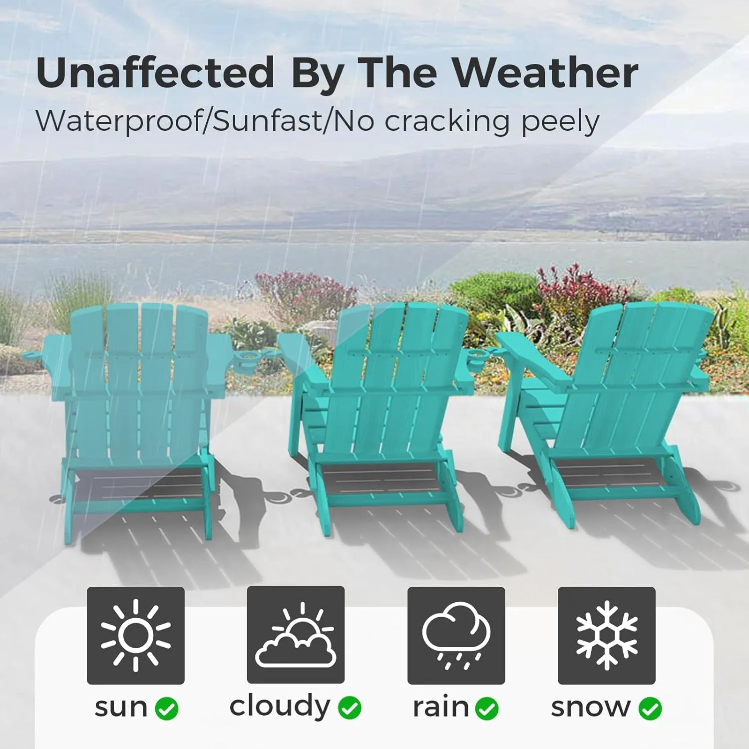 Folding Adirondack Chair with Wood Texture, HDPE All-Weather Fire Pit Chairs, Plastic Adirondack Chairs with 2 Cup Holder, Outdoor Lawn Chair for Patio Garden (Lake Blue)