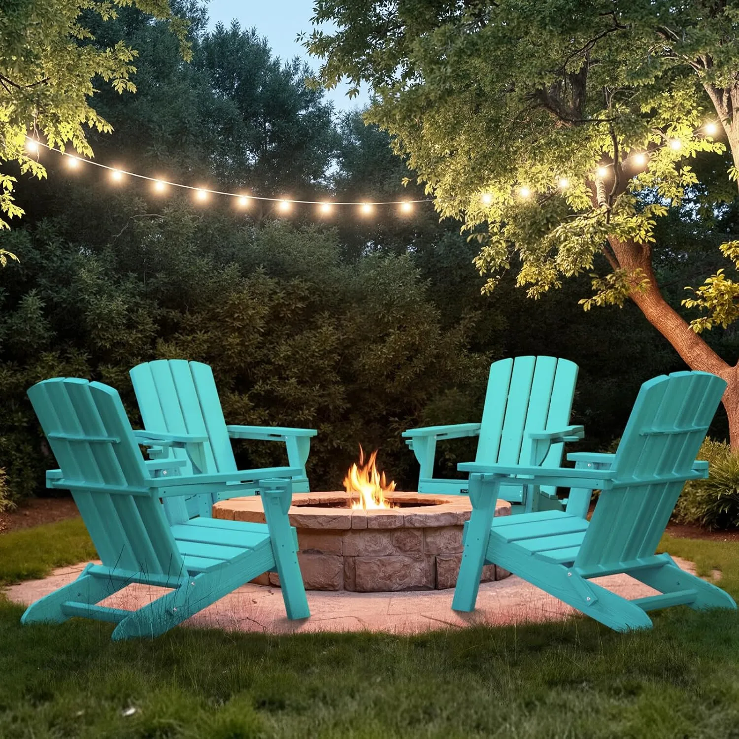 Folding Adirondack Chair with Wood Texture, HDPE All-Weather Fire Pit Chairs, Plastic Adirondack Chairs with 2 Cup Holder, Outdoor Lawn Chair for Patio Garden (Lake Blue)