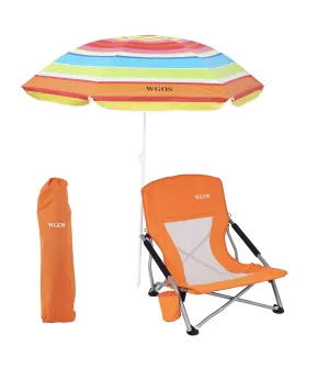 Folding Beach Chair with Umbrella – Low Seat Beach Chair for Adults, Camping & Travel (1-Pack, Orange)