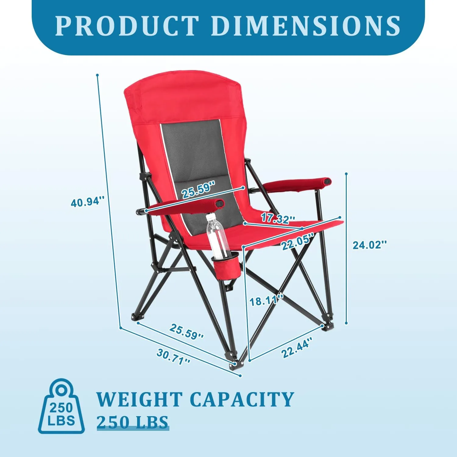 Folding Camping Chair, Portable Camping Quad Chair, High Back Heavy Duty Lawn Chair Support 250 LBS, Portable Collapsible Chair with Cup Holder (Red)