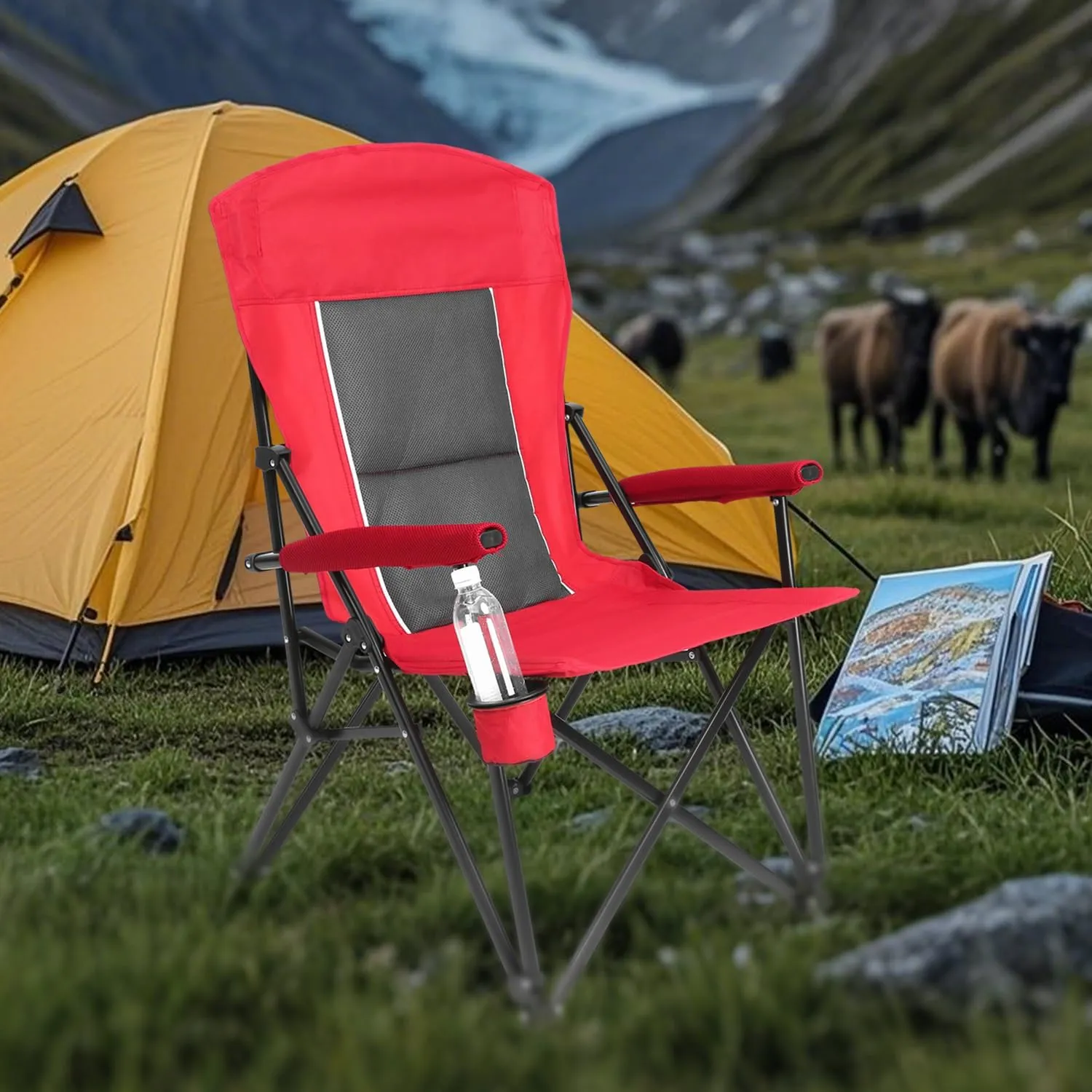 Folding Camping Chair, Portable Camping Quad Chair, High Back Heavy Duty Lawn Chair Support 250 LBS, Portable Collapsible Chair with Cup Holder (Red)