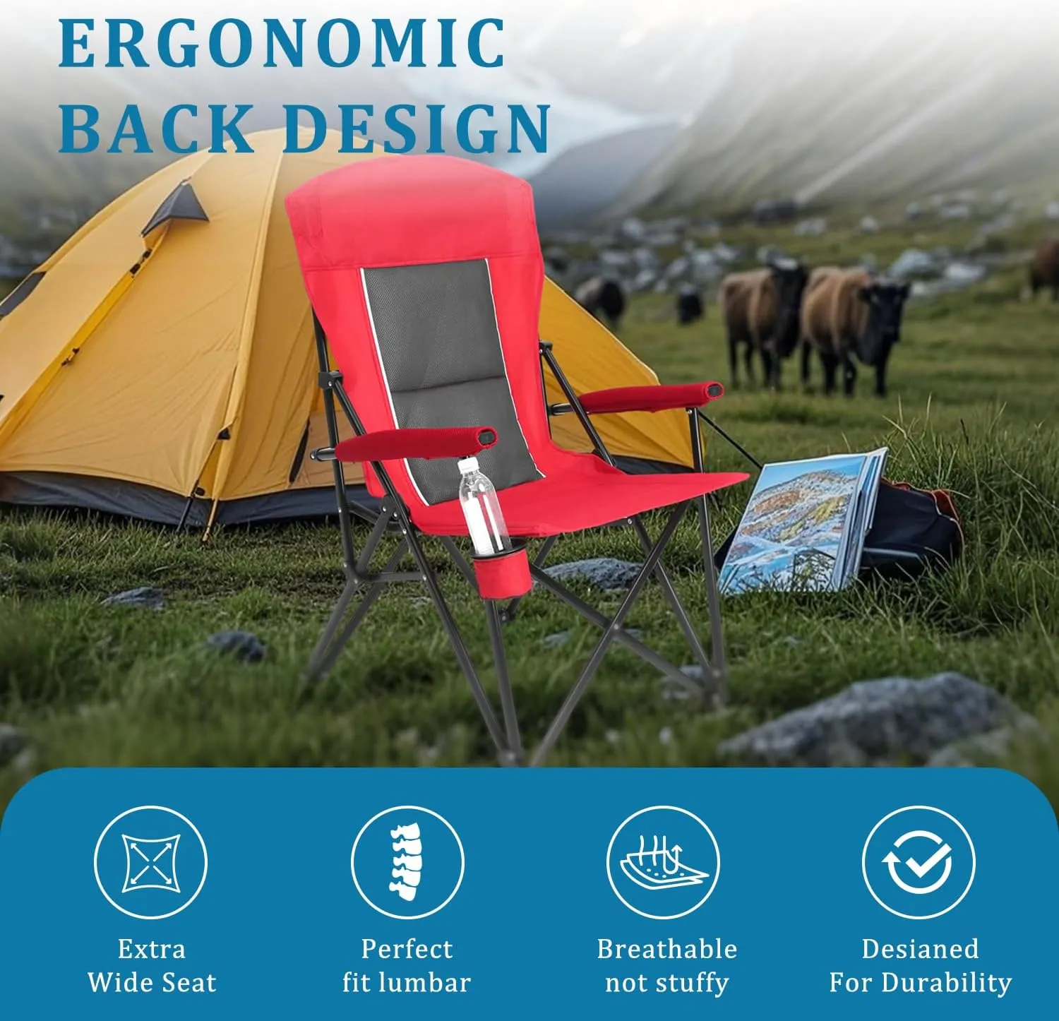 Folding Camping Chair, Portable Camping Quad Chair, High Back Heavy Duty Lawn Chair Support 250 LBS, Portable Collapsible Chair with Cup Holder (Red)