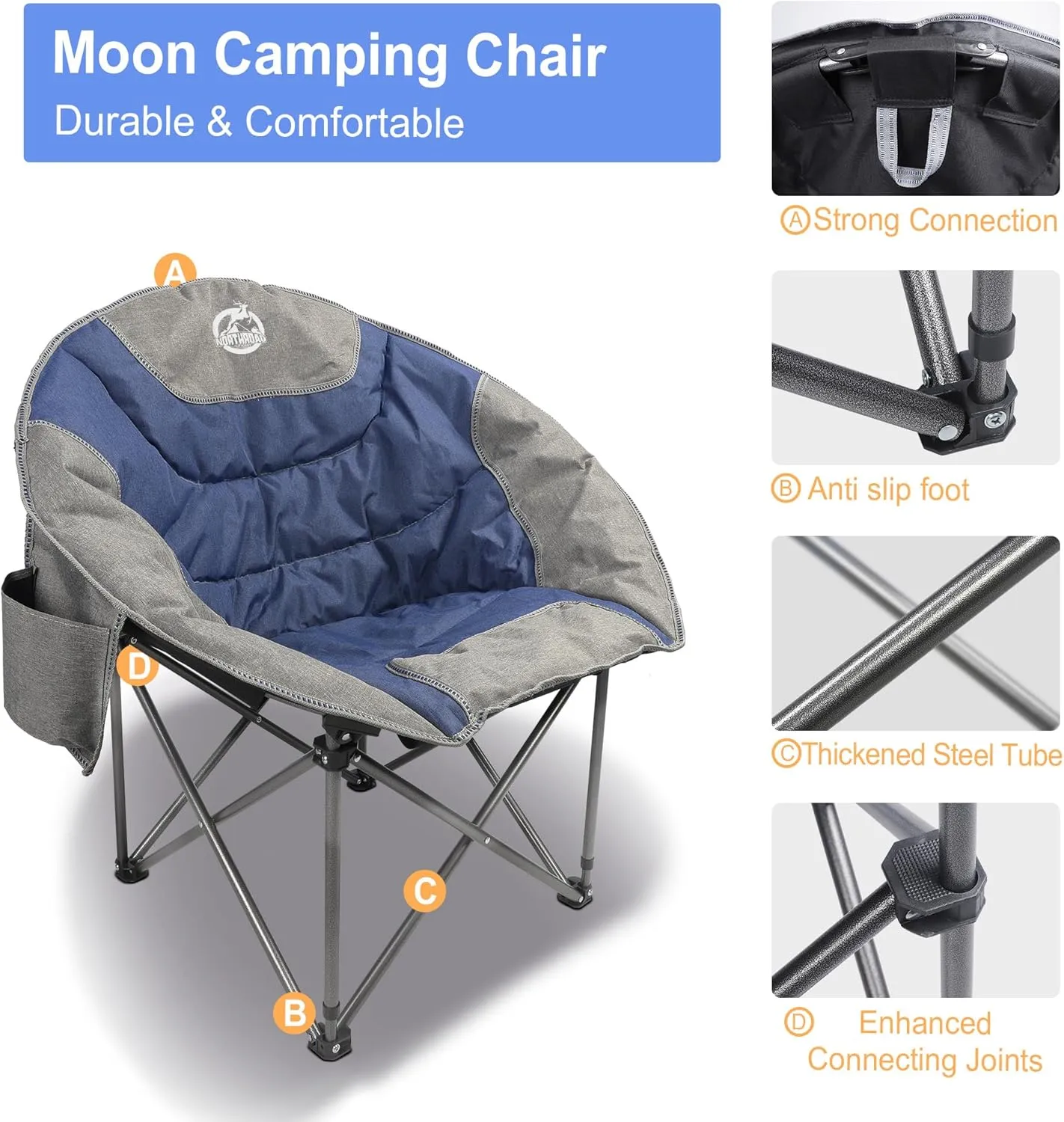 Folding Compact Camping Moon Chair, Outdoor Padded Saucer Round Chair w/Cup Holder Supports up to 300 lbs for Beach Hiking Fishing Picnic Lawn,Blue