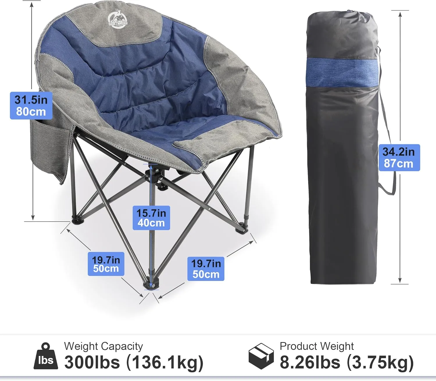 Folding Compact Camping Moon Chair, Outdoor Padded Saucer Round Chair w/Cup Holder Supports up to 300 lbs for Beach Hiking Fishing Picnic Lawn,Blue