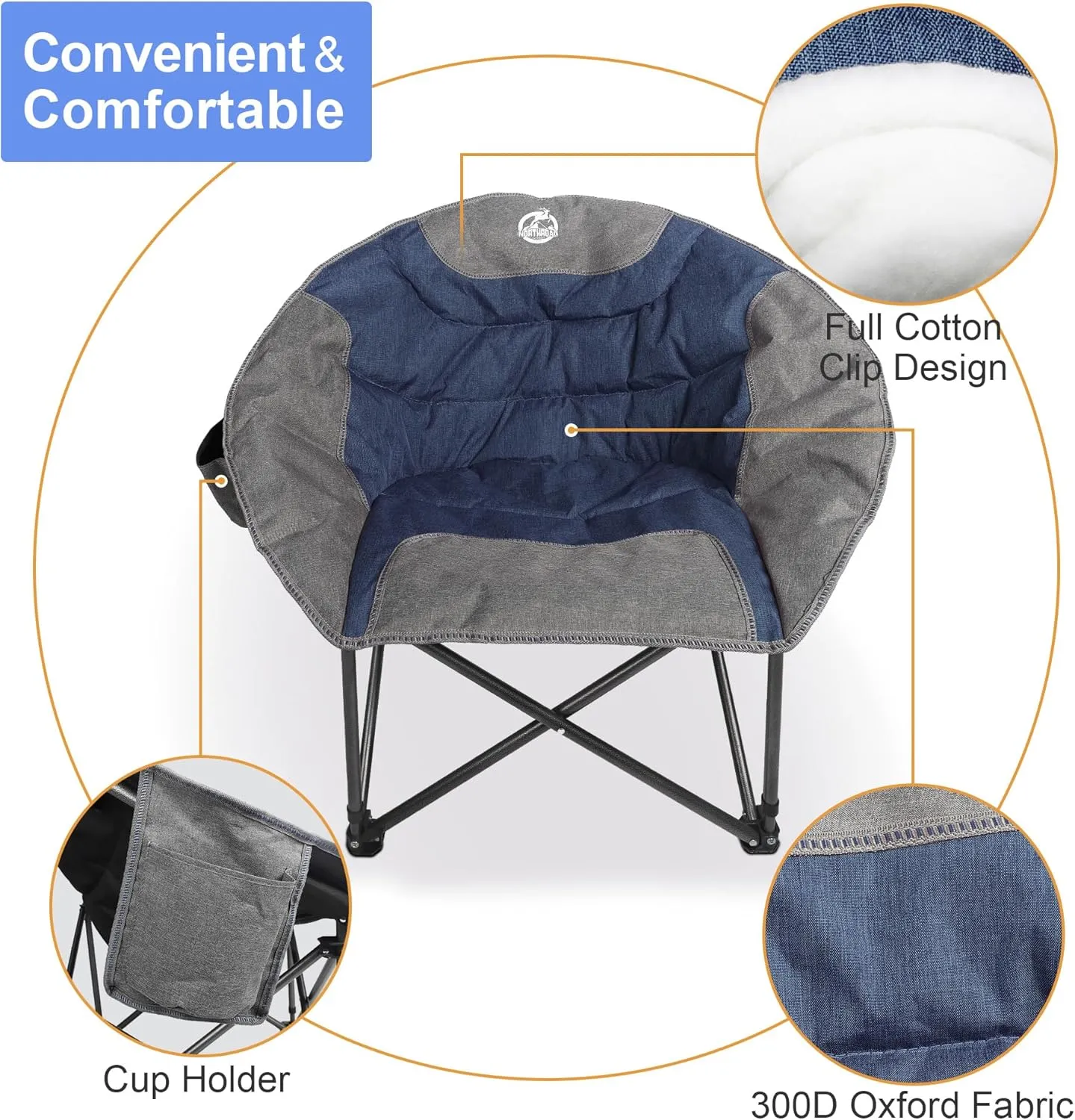 Folding Compact Camping Moon Chair, Outdoor Padded Saucer Round Chair w/Cup Holder Supports up to 300 lbs for Beach Hiking Fishing Picnic Lawn,Blue