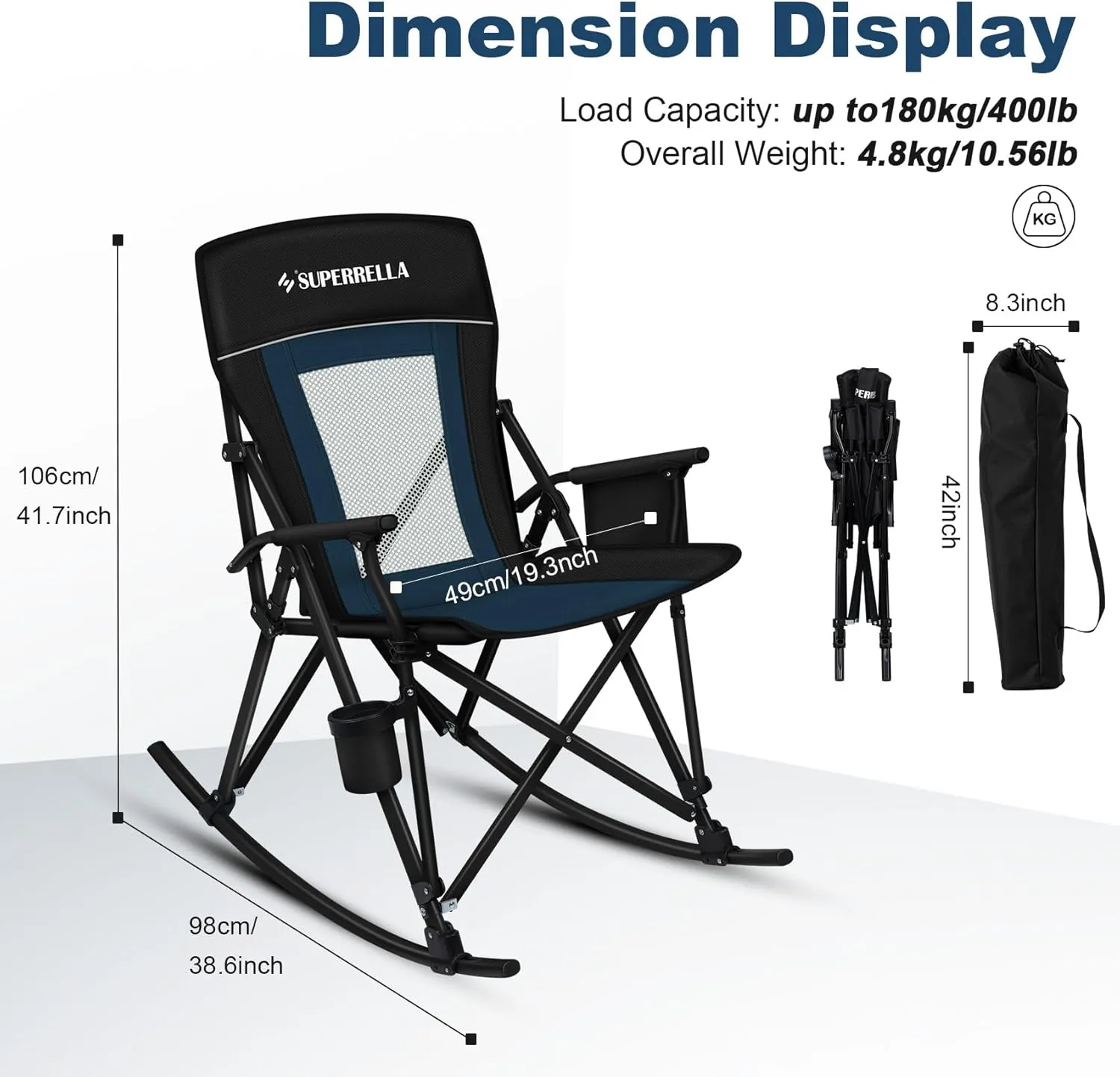 Folding Rocking Camping Chair Portable Outdoor Rocker with High Mesh Back, Handrail Bars, Carry Bag, Cup Holder, Bottle Opener, Supports 400 lbs, Black&Blue