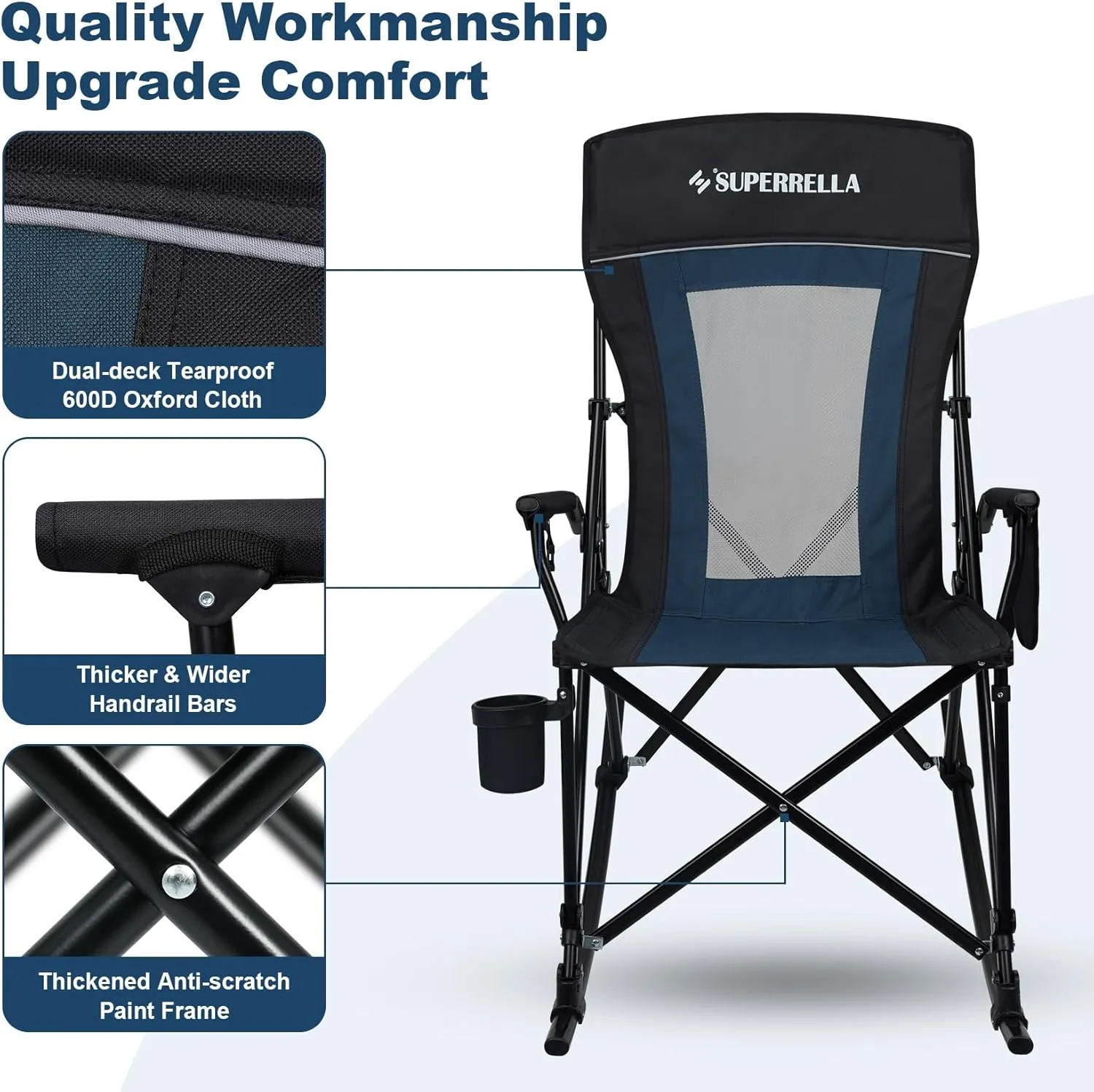 Folding Rocking Camping Chair Portable Outdoor Rocker with High Mesh Back, Handrail Bars, Carry Bag, Cup Holder, Bottle Opener, Supports 400 lbs, Black&Blue
