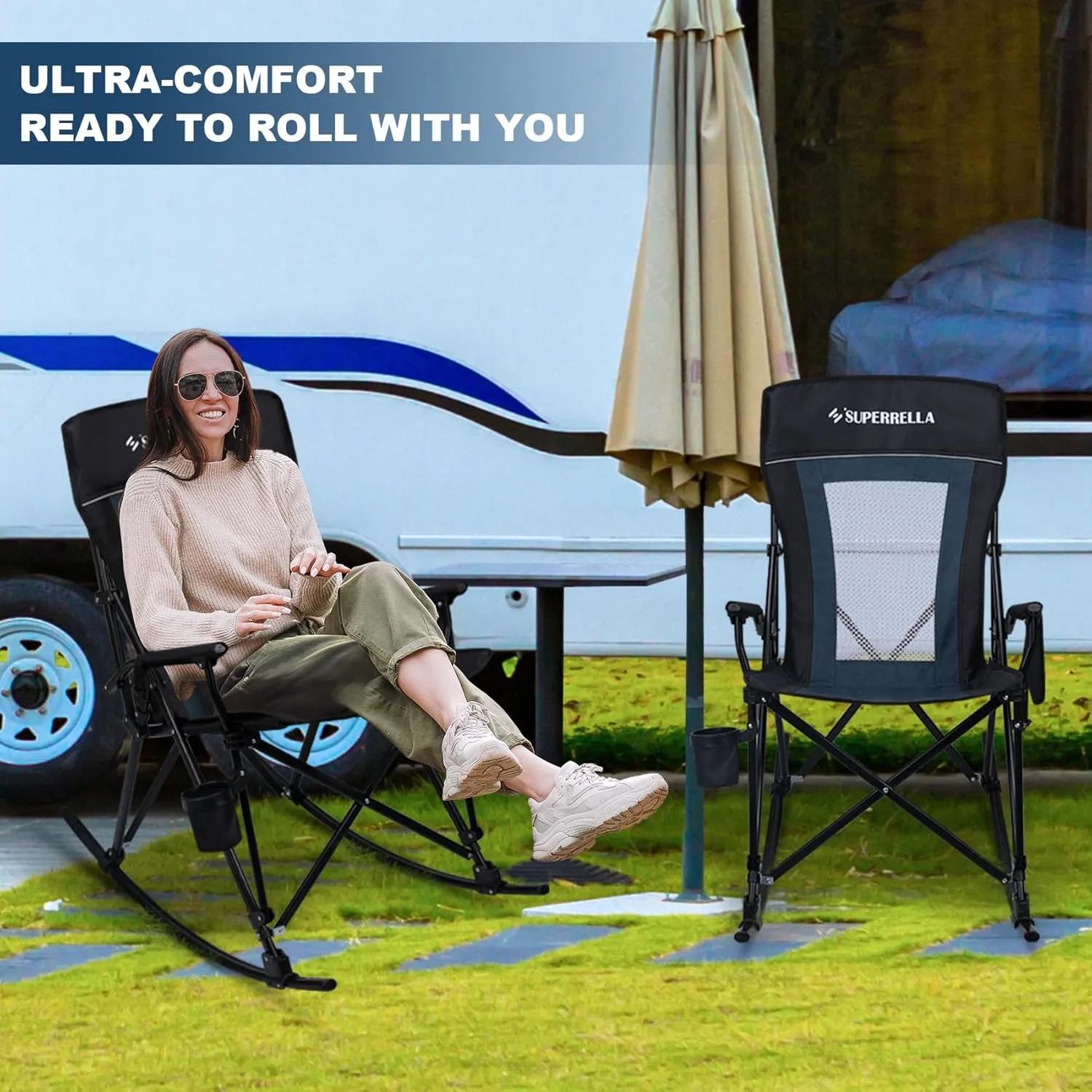 Folding Rocking Camping Chair Portable Outdoor Rocker with High Mesh Back, Handrail Bars, Carry Bag, Cup Holder, Bottle Opener, Supports 400 lbs, Black&Blue