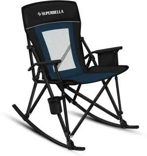 Folding Rocking Camping Chair Portable Outdoor Rocker with High Mesh Back, Handrail Bars, Carry Bag, Cup Holder, Bottle Opener, Supports 400 lbs, Black&Blue
