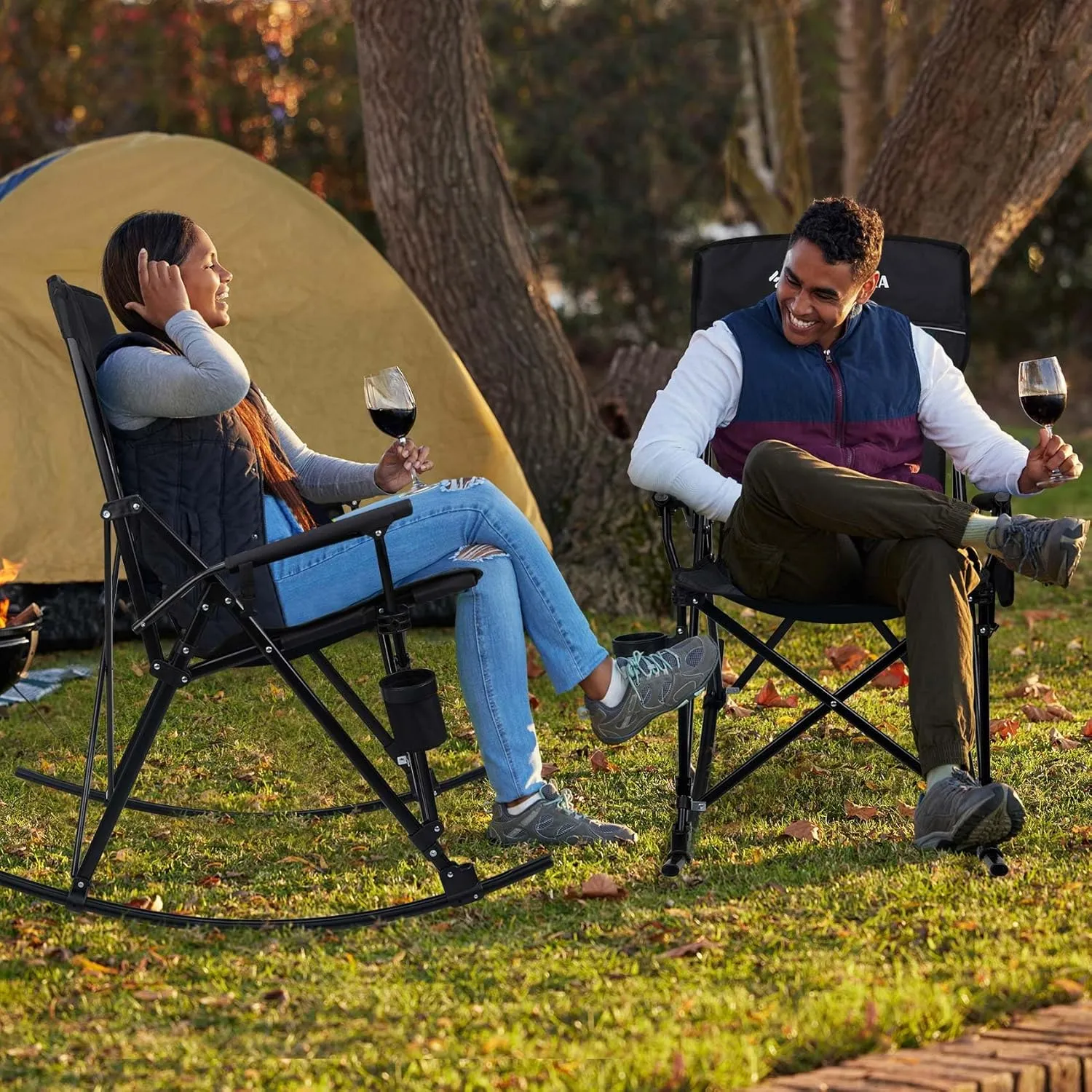 Folding Rocking Camping Chair Portable Outdoor Rocker with High Mesh Back, Handrail Bars, Carry Bag, Cup Holder, Bottle Opener, Supports 400 lbs, Black&Blue