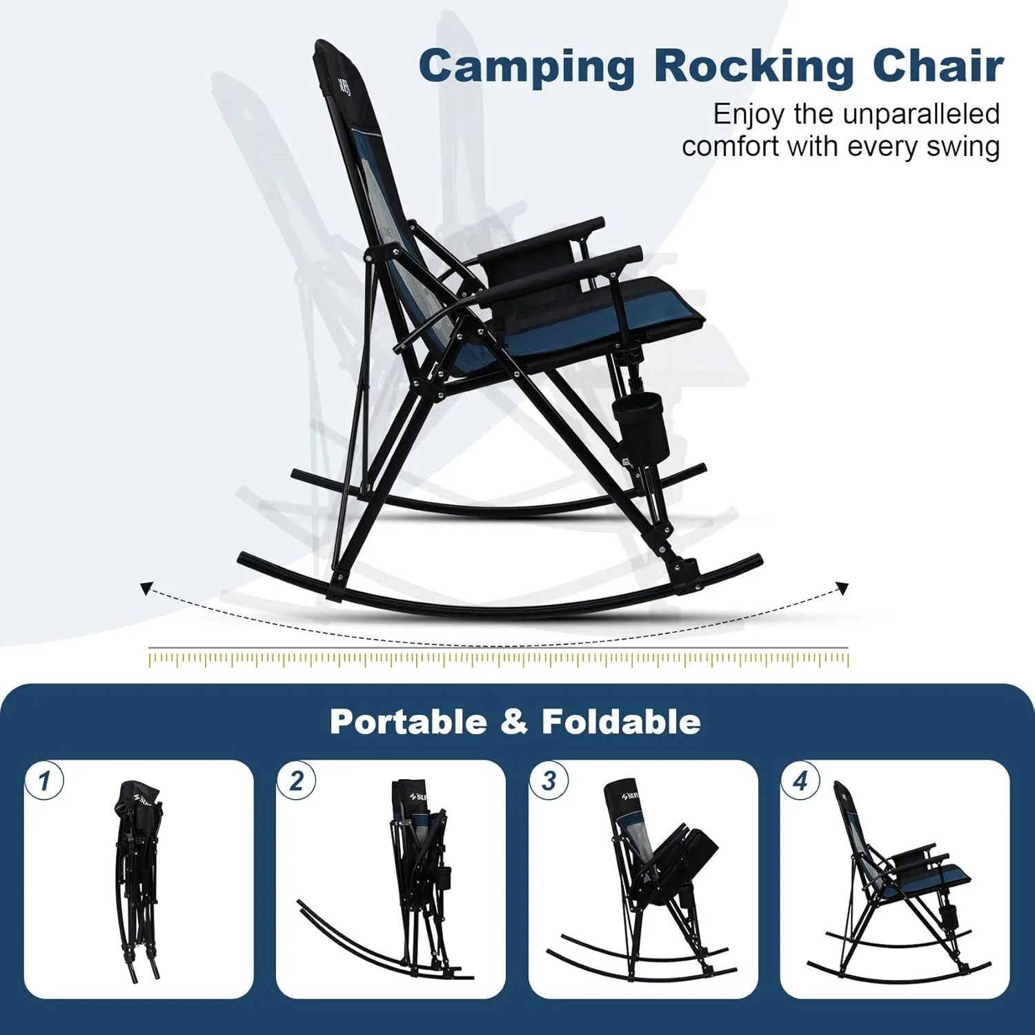 Folding Rocking Camping Chair Portable Outdoor Rocker with High Mesh Back, Handrail Bars, Carry Bag, Cup Holder, Bottle Opener, Supports 400 lbs, Black&Blue