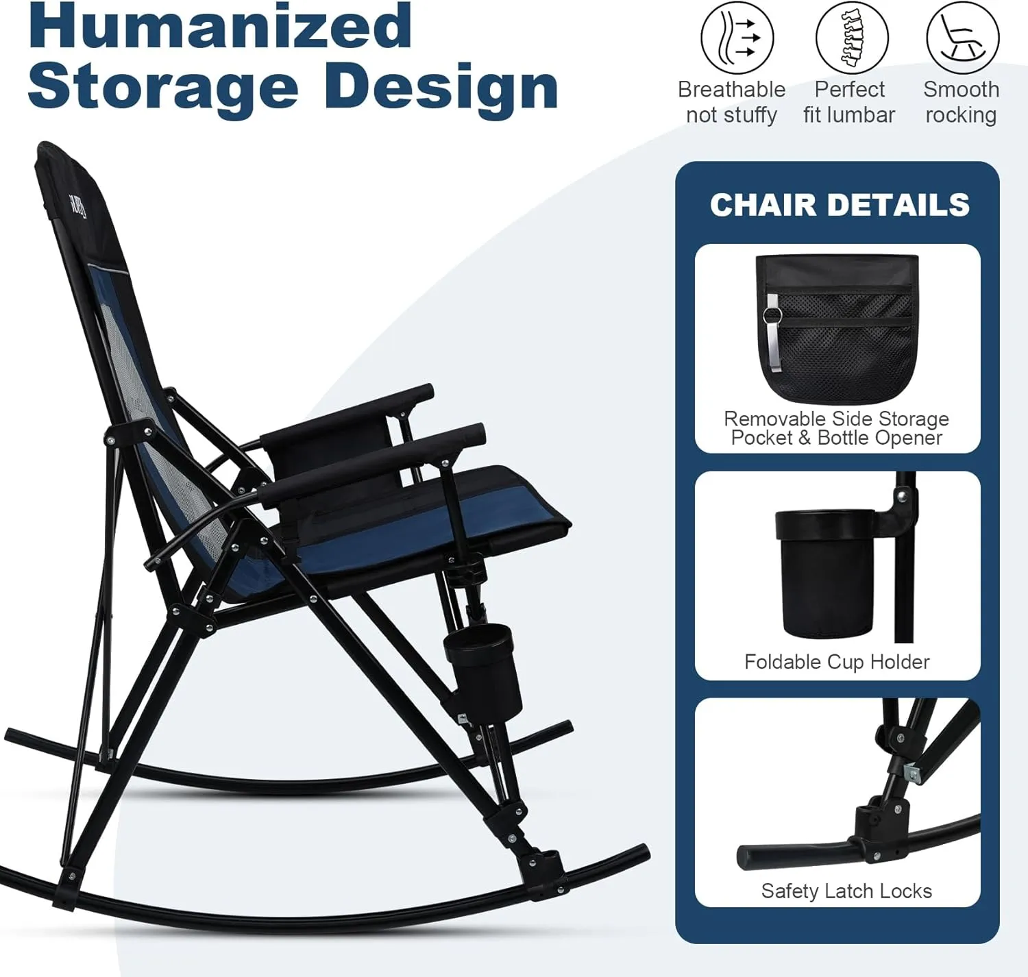 Folding Rocking Camping Chair Portable Outdoor Rocker with High Mesh Back, Handrail Bars, Carry Bag, Cup Holder, Bottle Opener, Supports 400 lbs, Black&Blue