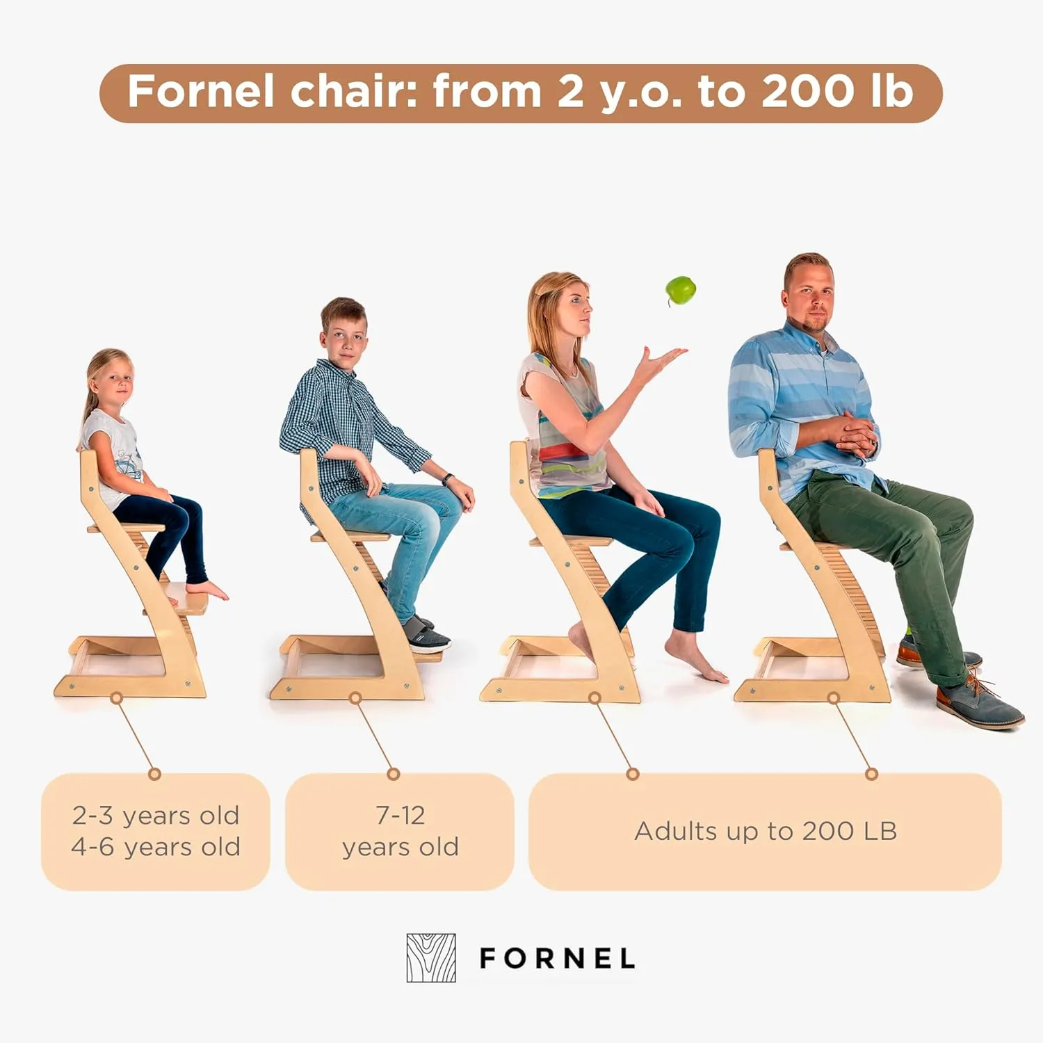 Fornel Wooden High Chair for Babies and Toddlers - Easy Clean Adjustable High Chair for Eating - Toddler HighChair for Dining Table - Montessori Baby highchair from 3 Years to 200 Lb, Grow with Child