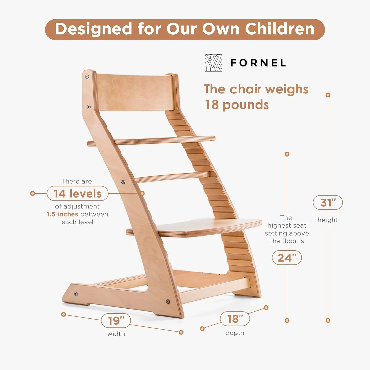 Fornel Wooden High Chair for Babies and Toddlers - Easy Clean Adjustable High Chair for Eating - Toddler HighChair for Dining Table - Montessori Baby highchair from 3 Years to 200 Lb, Grow with Child