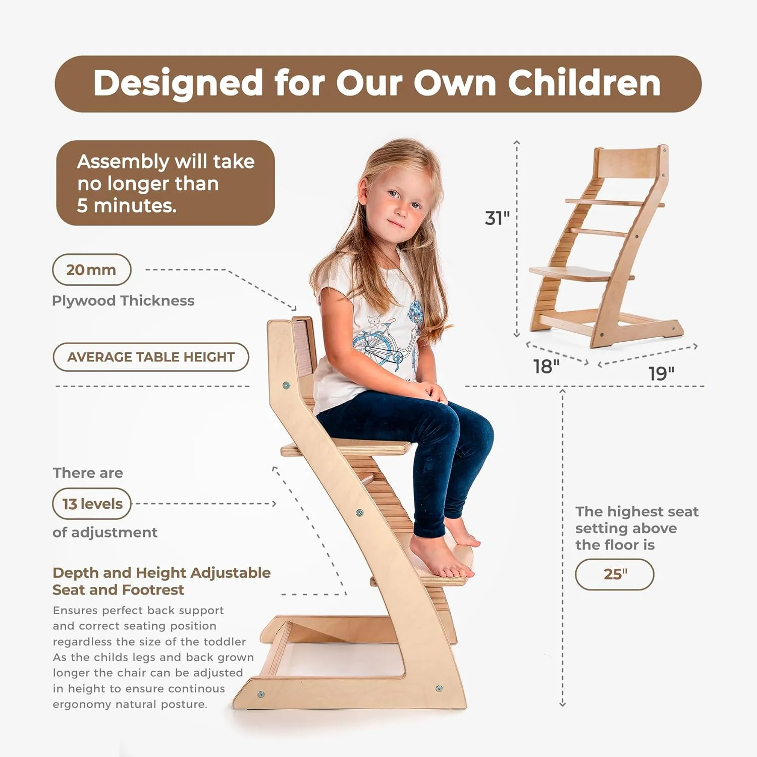 Fornel Wooden High Chair for Babies and Toddlers - Easy Clean Adjustable High Chair for Eating - Toddler HighChair for Dining Table - Montessori Baby highchair from 3 Years to 200 Lb, Grow with Child