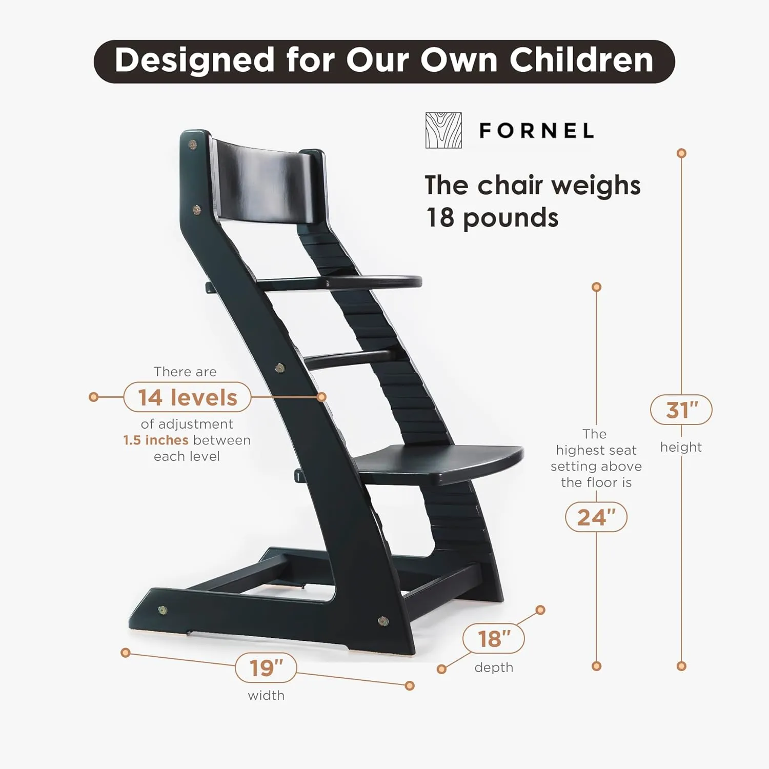 Fornel Wooden High Chair for Babies and Toddlers - Easy Clean Adjustable High Chair for Eating - Toddler HighChair for Dining Table - Montessori Baby highchair from 3 Years to 200 Lb, Grow with Child