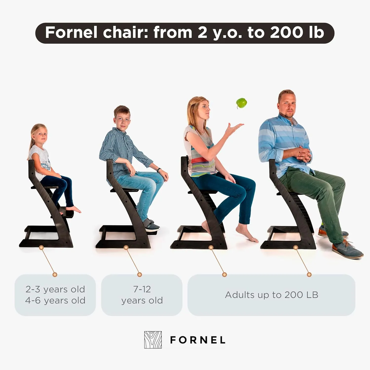 Fornel Wooden High Chair for Babies and Toddlers - Easy Clean Adjustable High Chair for Eating - Toddler HighChair for Dining Table - Montessori Baby highchair from 3 Years to 200 Lb, Grow with Child