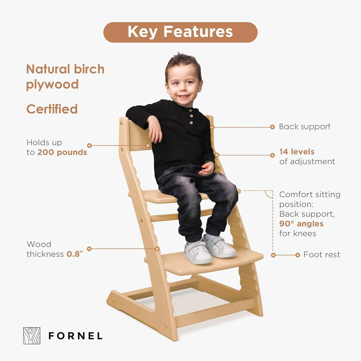 Fornel Wooden High Chair for Babies and Toddlers - Easy Clean Adjustable High Chair for Eating - Toddler HighChair for Dining Table - Montessori Baby highchair from 3 Years to 200 Lb, Grow with Child