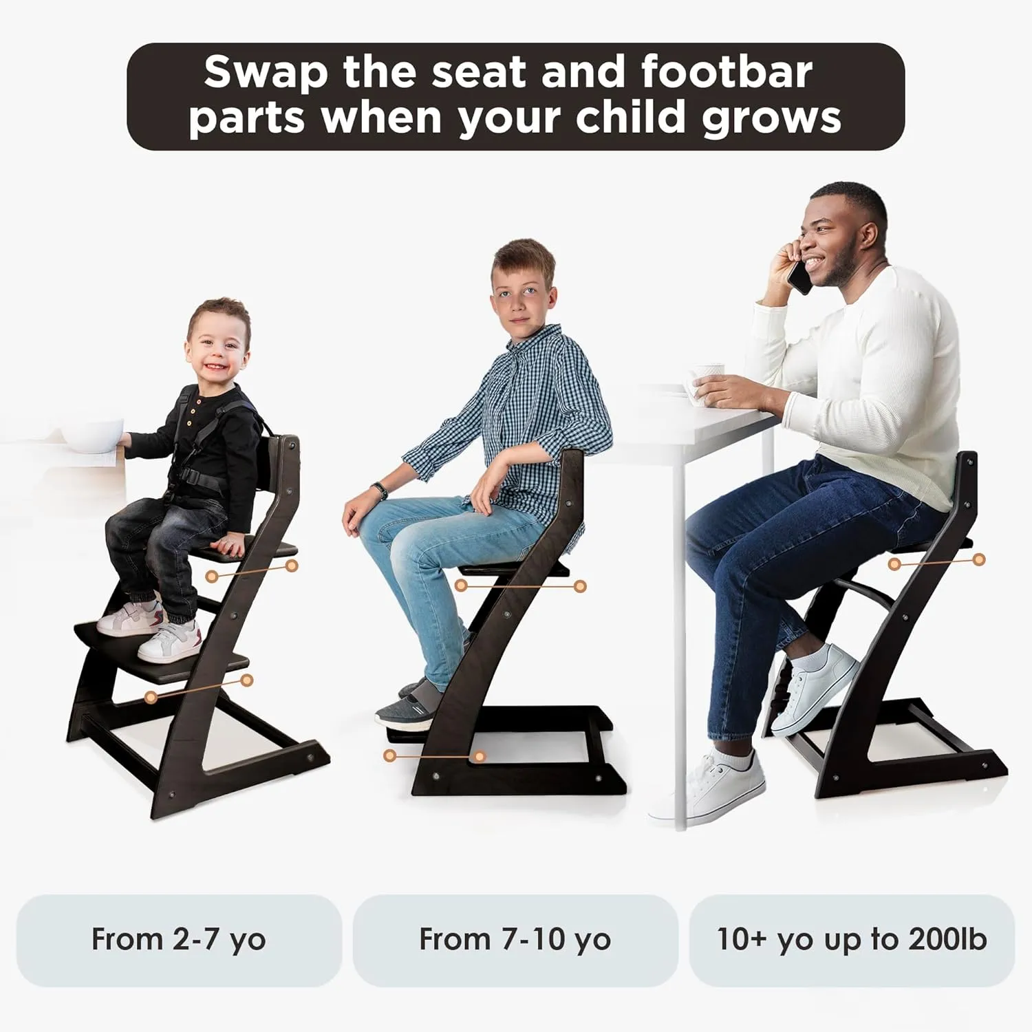 Fornel Wooden High Chair for Babies and Toddlers - Easy Clean Adjustable High Chair for Eating - Toddler HighChair for Dining Table - Montessori Baby highchair from 3 Years to 200 Lb, Grow with Child