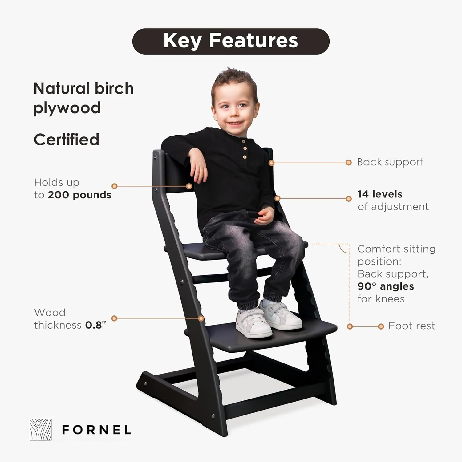 Fornel Wooden High Chair for Babies and Toddlers - Easy Clean Adjustable High Chair for Eating - Toddler HighChair for Dining Table - Montessori Baby highchair from 3 Years to 200 Lb, Grow with Child
