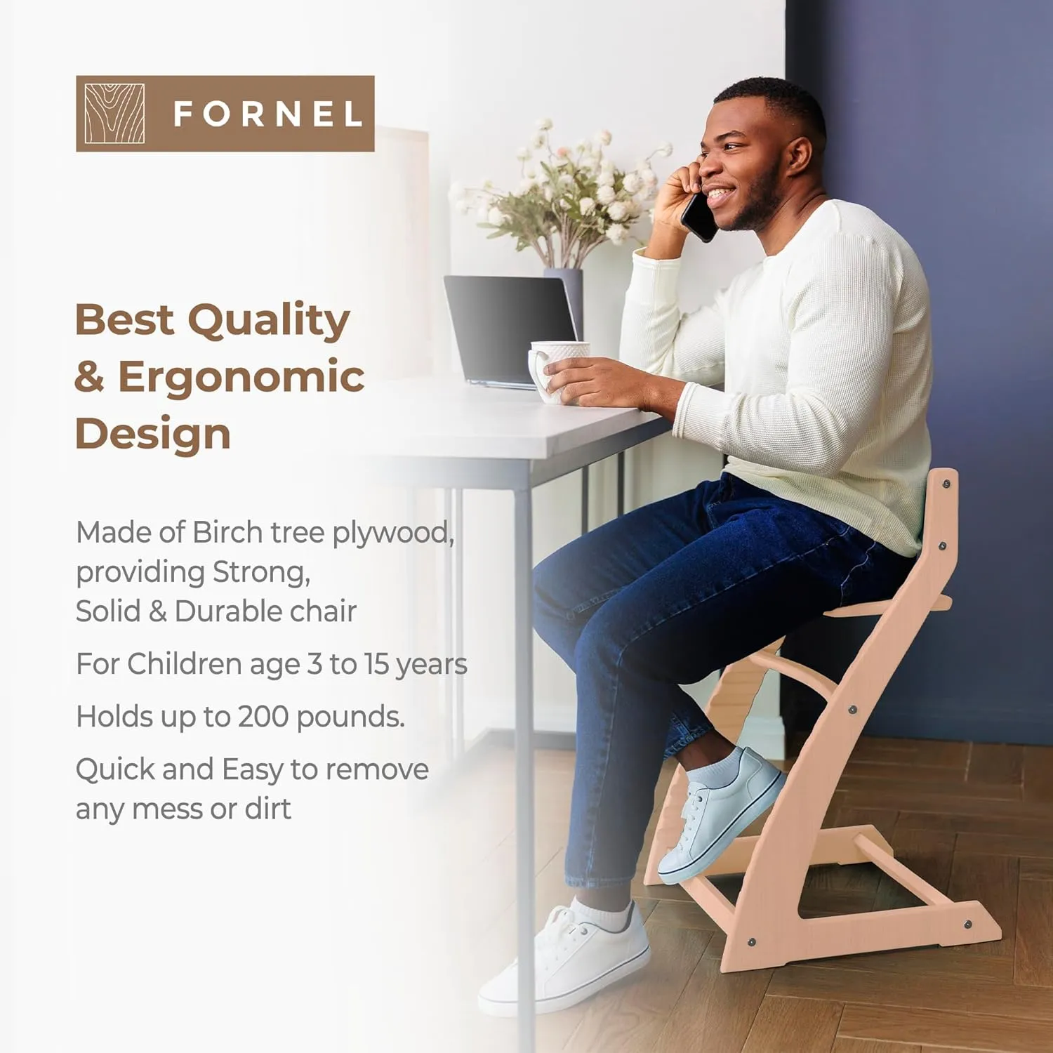 Fornel Wooden High Chair for Babies and Toddlers - Easy Clean Adjustable High Chair for Eating - Toddler HighChair for Dining Table - Montessori Baby highchair from 3 Years to 200 Lb, Grow with Child