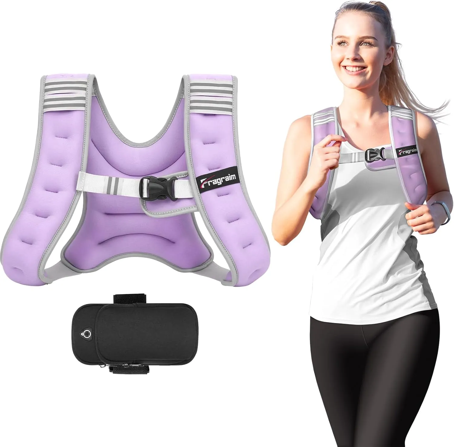 Fragraim Weighted Vest for Women Men - 8lb/10lb/12lb/16lb/22lb Weight Vest with Reflective Stripe, Detachable Phone Pouch, Ideal for Walking, Strength Training, Running, Workout, Cardio