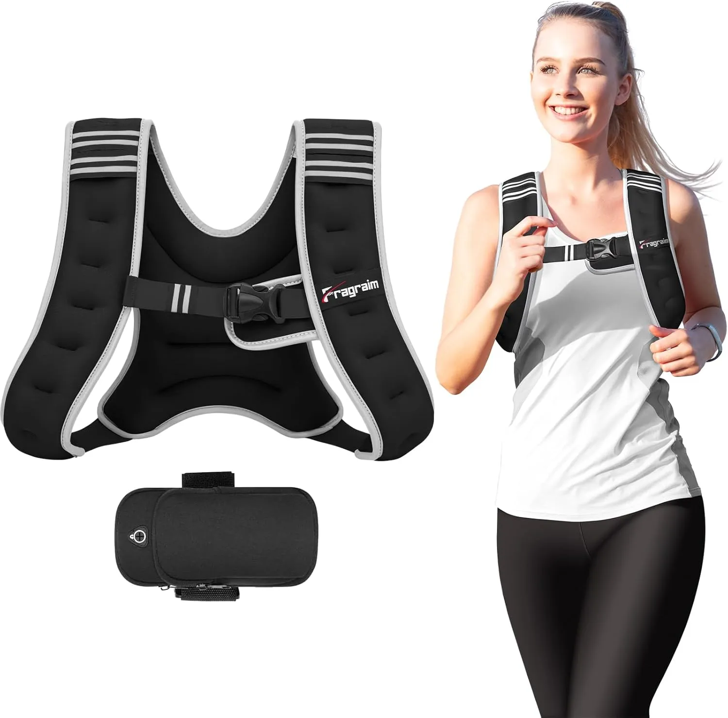 Fragraim Weighted Vest for Women Men - 8lb/10lb/12lb/16lb/22lb Weight Vest with Reflective Stripe, Detachable Phone Pouch, Ideal for Walking, Strength Training, Running, Workout, Cardio