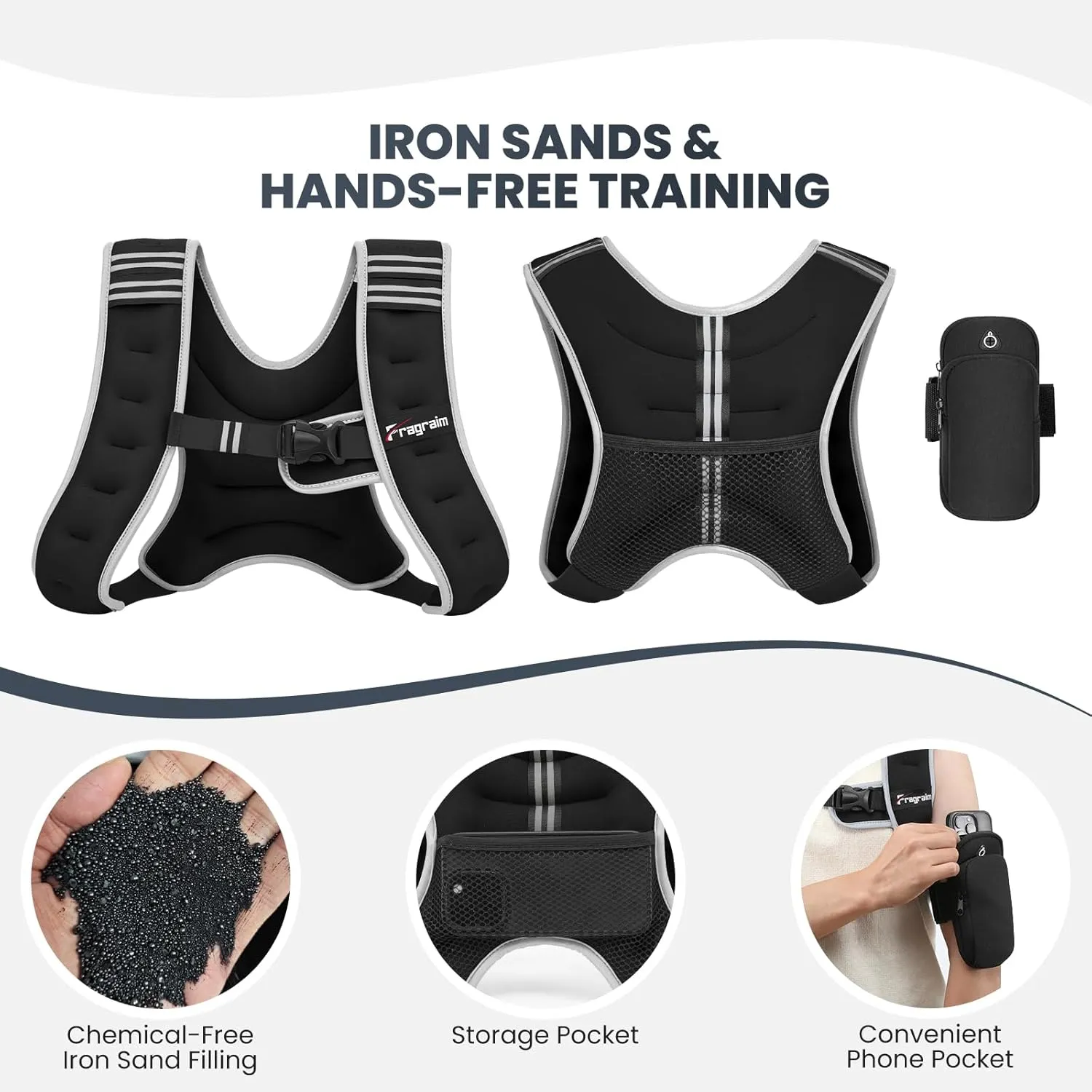 Fragraim Weighted Vest for Women Men - 8lb/10lb/12lb/16lb/22lb Weight Vest with Reflective Stripe, Detachable Phone Pouch, Ideal for Walking, Strength Training, Running, Workout, Cardio