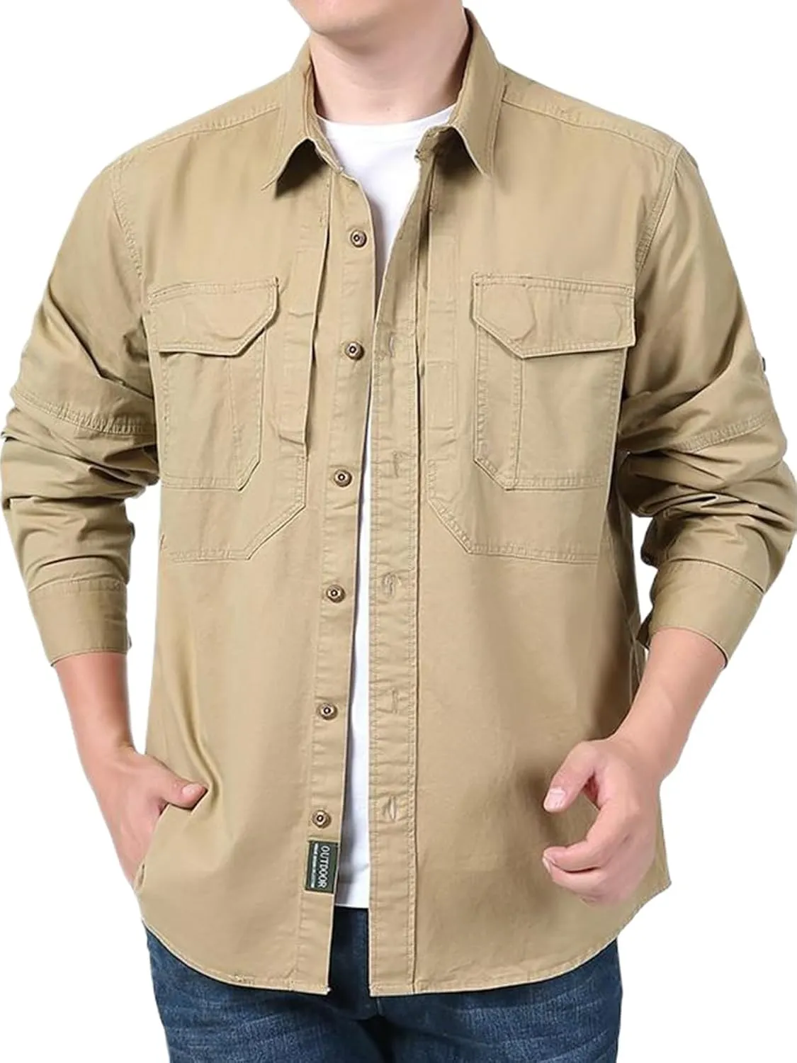 FREDD MARSHALL Men's Button Down Long Sleeve Denim Shirt with Hook & Loop Pockets
