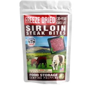FREEZE MEAT Freeze Dried Sirloin Steak Bites Uncooked Cubes| Family Pack, 2 lbs, 30 Year Shelf Life, Refrigeration Free | Backpacking & Camping Food Emergencies & Food Storage|GRASS FED|